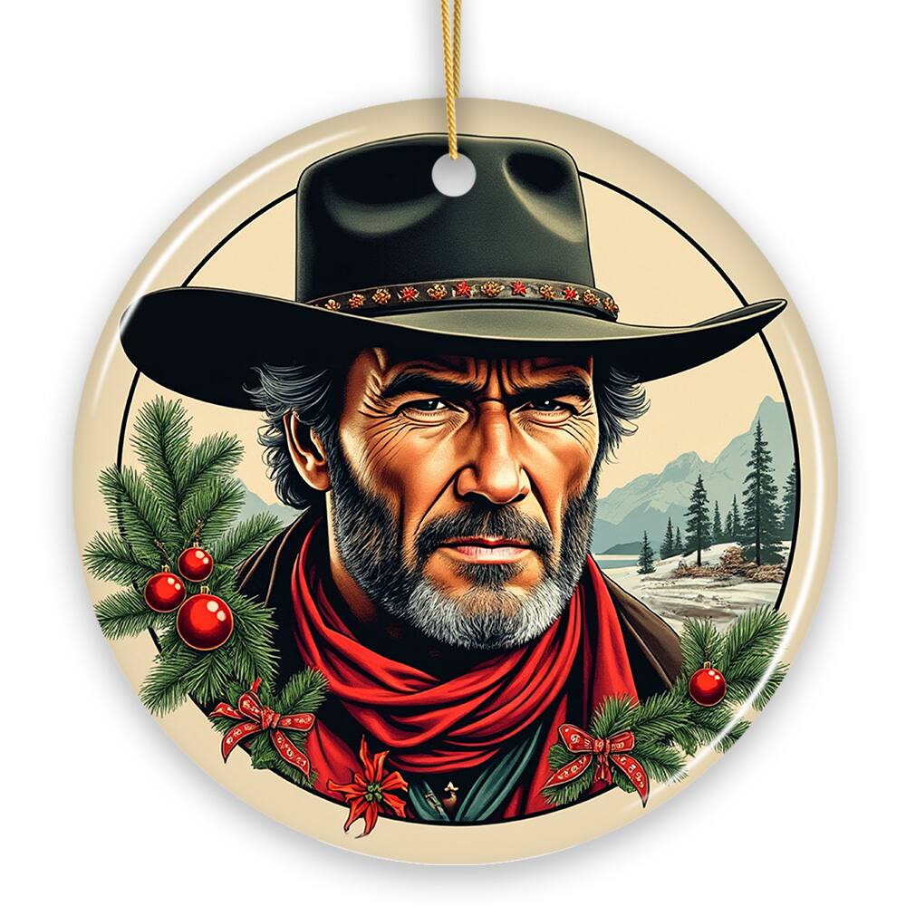 Front. OrnamentallyYou - Wild West Gritty Holiday Christmas Ornament Vintage Western Legend Clint Eastwood Gift Version 2 - Multi-colored.
