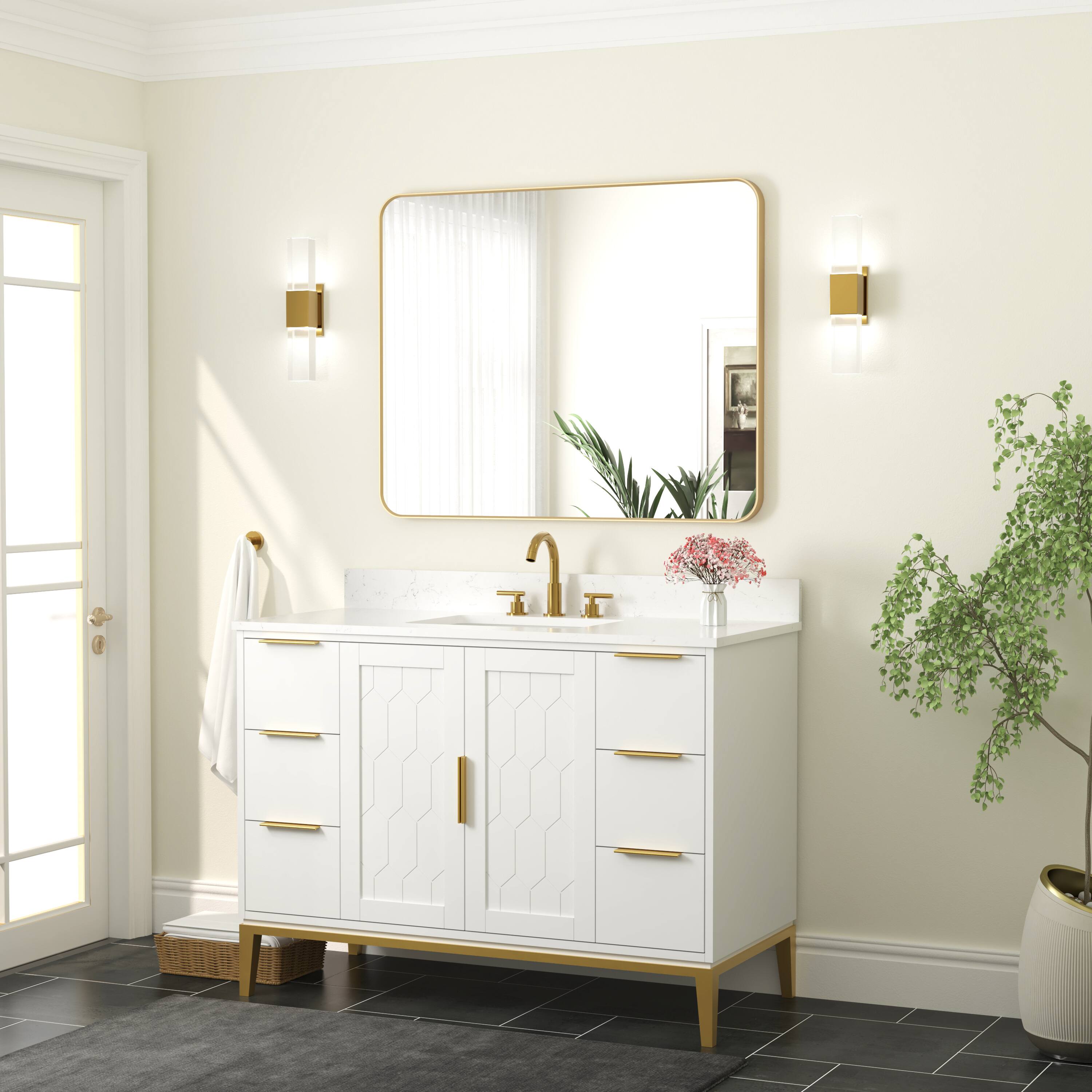 Alt View 1. WELLFOR - 40 in. W. x 32 in. H Rectangular Aluminum Framed Wall-Mounted Bathroom Vanity Mirror - Brushed Gold.