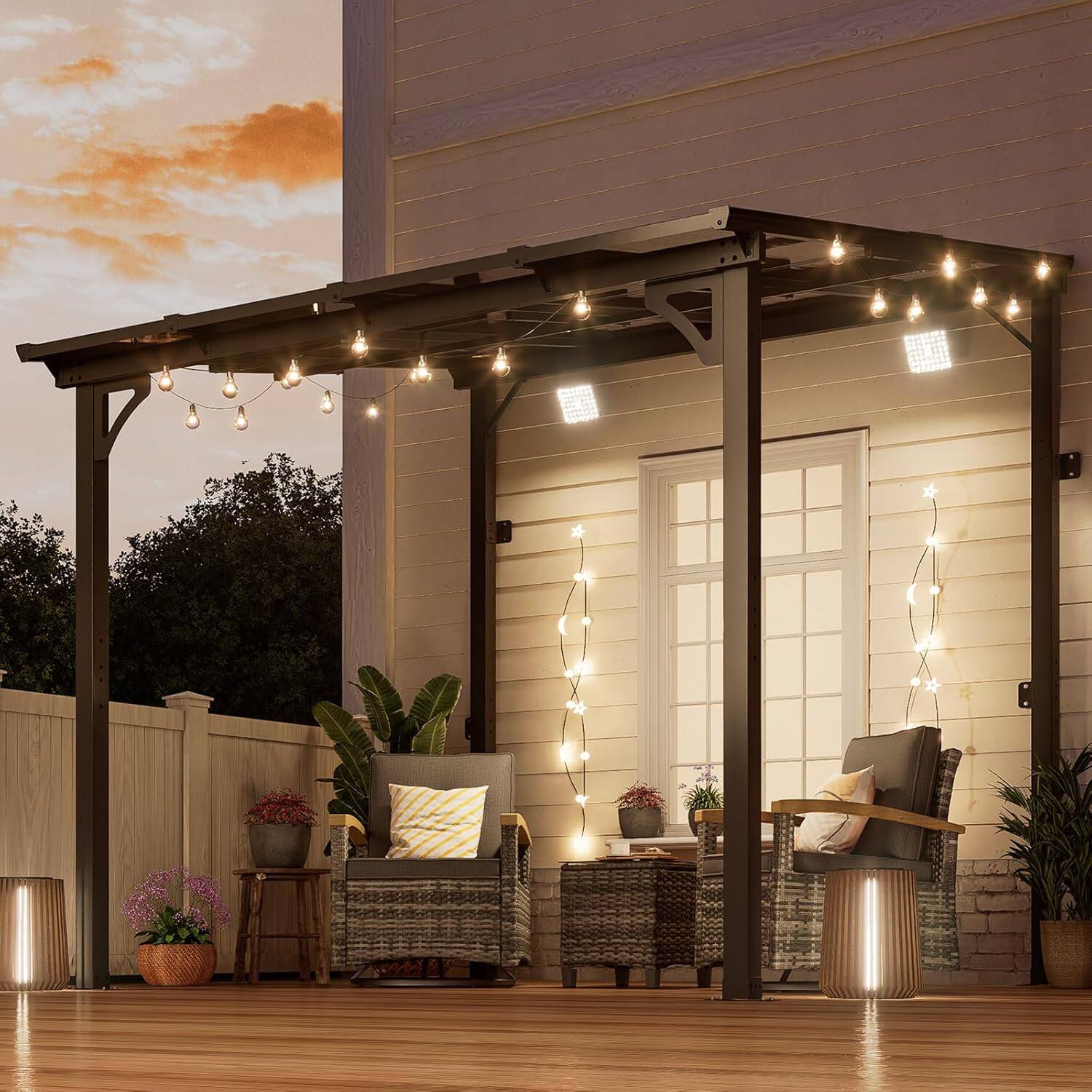 Angle. Yardgrace - 8'x 8' Outdoor Wall Mounted Lean-to Gazebo, Heavy Duty Sloped Roof Metal Awning for Patio, Decks & Backyard - Black.