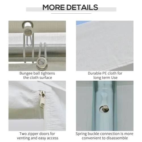 MORE DETAILS

- Bungee ball tightens the cloth surface
- Durable PE cloth for long term use
- Two zipper doors for venting and easy access
- Spring buckle connection is more convenient to disassemble