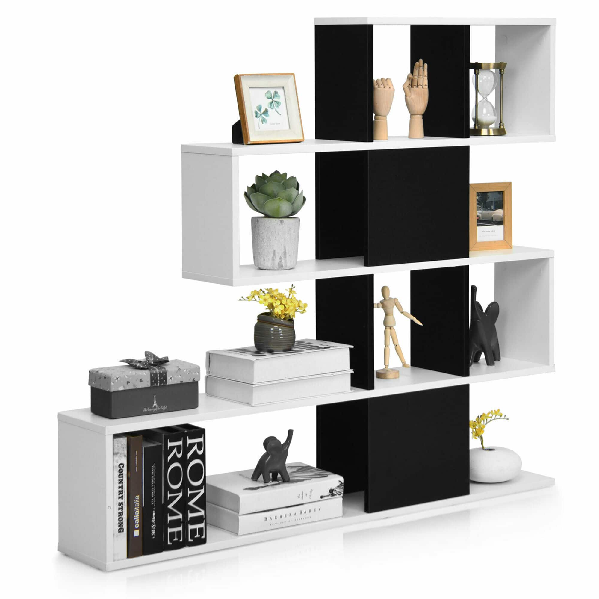 Gymax - 5-Tier Bookshelf Corner Ladder Bookcase Display Storage Rack Black White - Black & White
