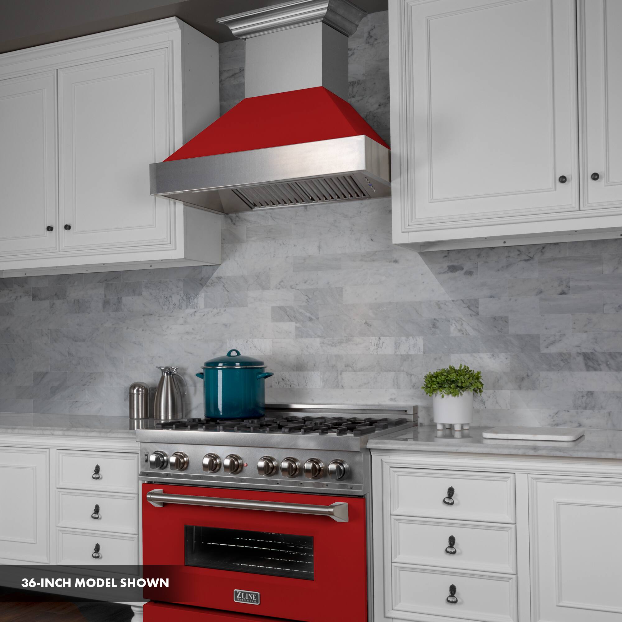 The image shows a 36-inch model of a kitchen with a red stove top oven.