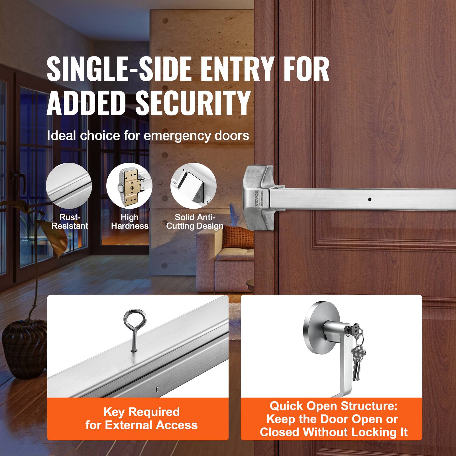 SINGLE-SIDE ENTRY FOR ADDED SECURITY

Ideal choice for emergency doors

- Rust-Resistant
- High Hardness
- Solid Anti-Cutting Design

BOASA Key Required for External Access

Quick Open Structure: Keep the Door Open or Closed Without Locking It