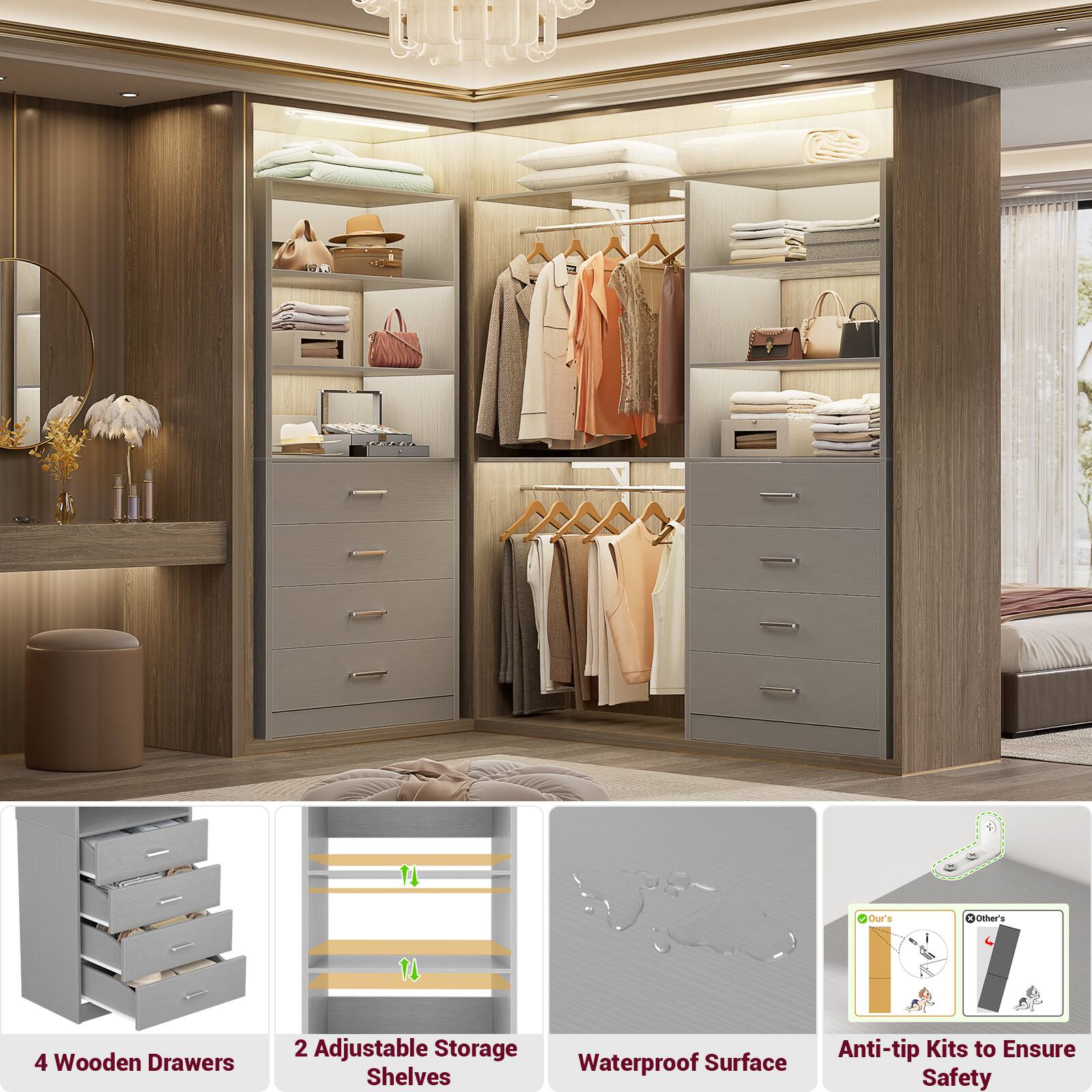 Our's
@Other's

1
4 Wooden Drawers
2 Adjustable Storage Waterproof Surface Shelves
Anti-tip Kits to Ensure Safety