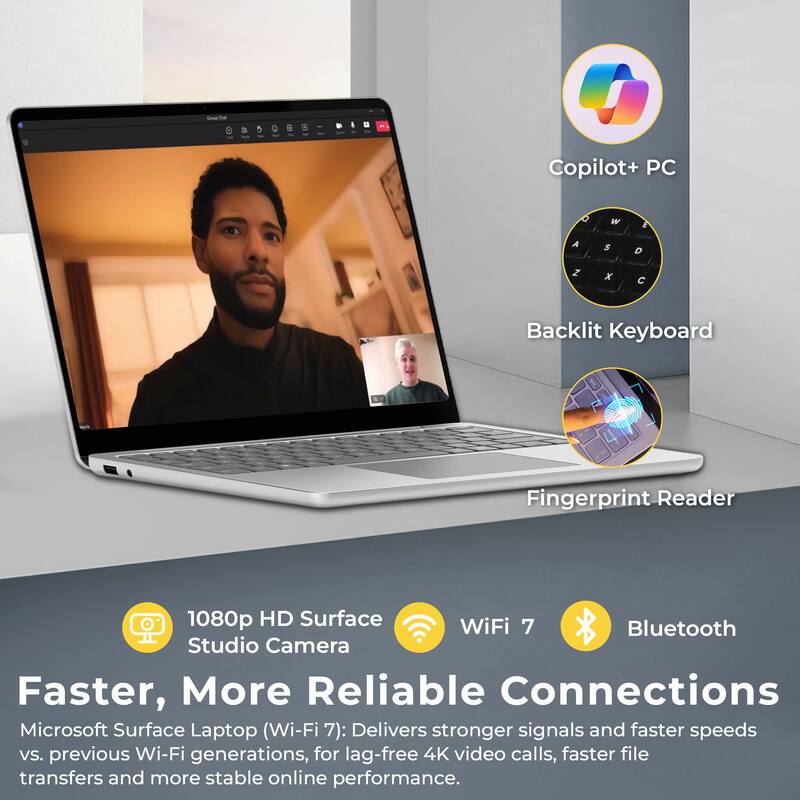 smarine - 5 - R Copilot+ PC O W 2 A S D I x C Backlit Keyboard Fingerprint Reader 1080p HD Surface WiFi 7 Bluetooth Studio Camera Faster, More Reliable Connections Microsoft Surface Laptop (Wi-Fi 7): Delivers stronger signals and faster speeds vs. previous Wi-Fi generations, for lag-free 4K video calls, faster file transfers and more stable online performance.