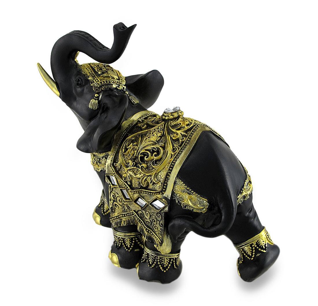 Alt View 1. Zeckos - Exotic Black and Gold Finish Trunk Up Thai Elephant Statue - Gold.