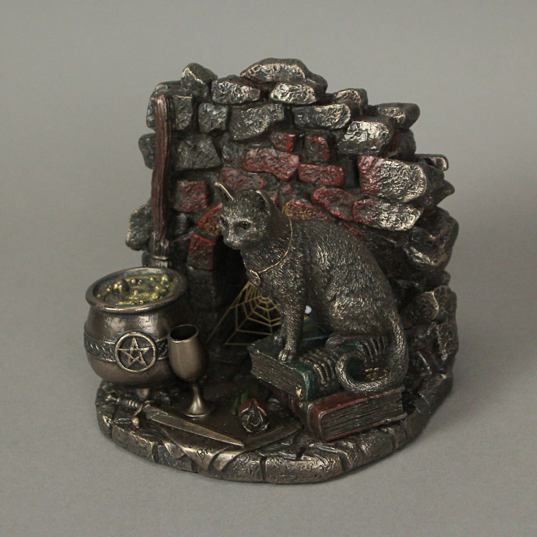 Alt View 3. Veronese Design - Little Wicked Conjuring Corner Bronze Finish Cat Witch Statue 5 Inches High - Bronze.