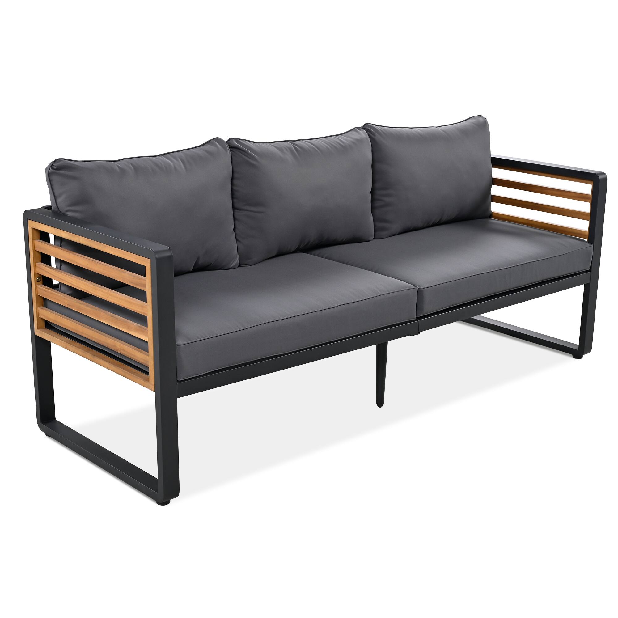 Alt View 6. Whisen - 4-Piece Acacia Wood & Metal Patio Conversation Sofa Set for 5, with 4-Inch Thick Removable Cushions - Gray.