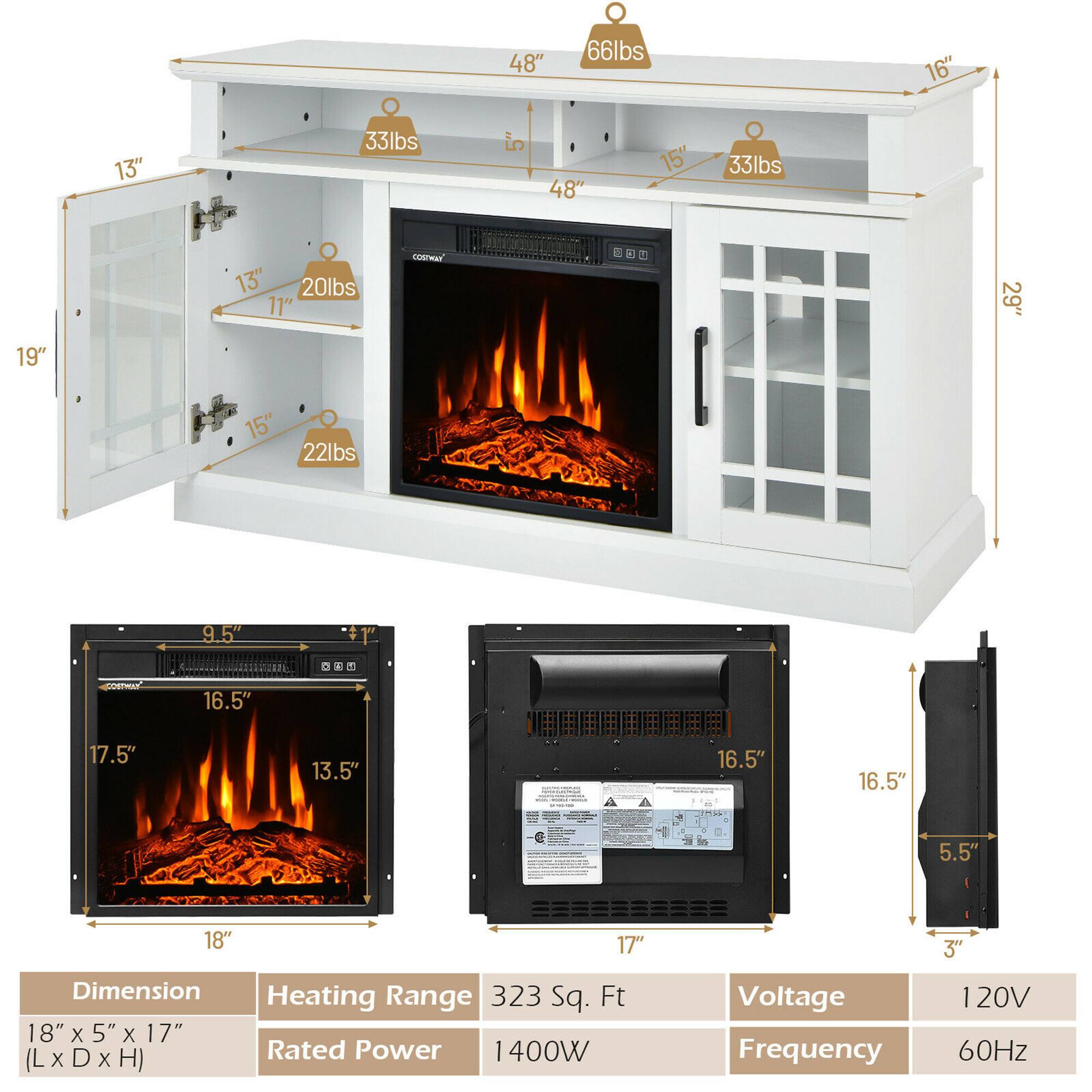 Sure, here is the corrected and grouped text from the image:

---

**Dimensions:**
- 48" x 16" x 29"
- 18" x 5" x 17" (L x D x H)

**Weight:**
- 66lbs
- 33lbs
- 20lbs
- 22lbs

**Shelf Weights:**
- 33lbs
- 20lbs
- 22lbs

**Heating Range:** 323 Sq. Ft

**Rated Power:** 1400W

**Voltage:** 120V

**Frequency:** 60Hz

**Additional Dimensions:**
- 16.5" x 17.5" x 13.5" x 16.5" x 5.5" x 3"

---

This text is organized to reflect the measurements, weights, and specifications as shown in the image.