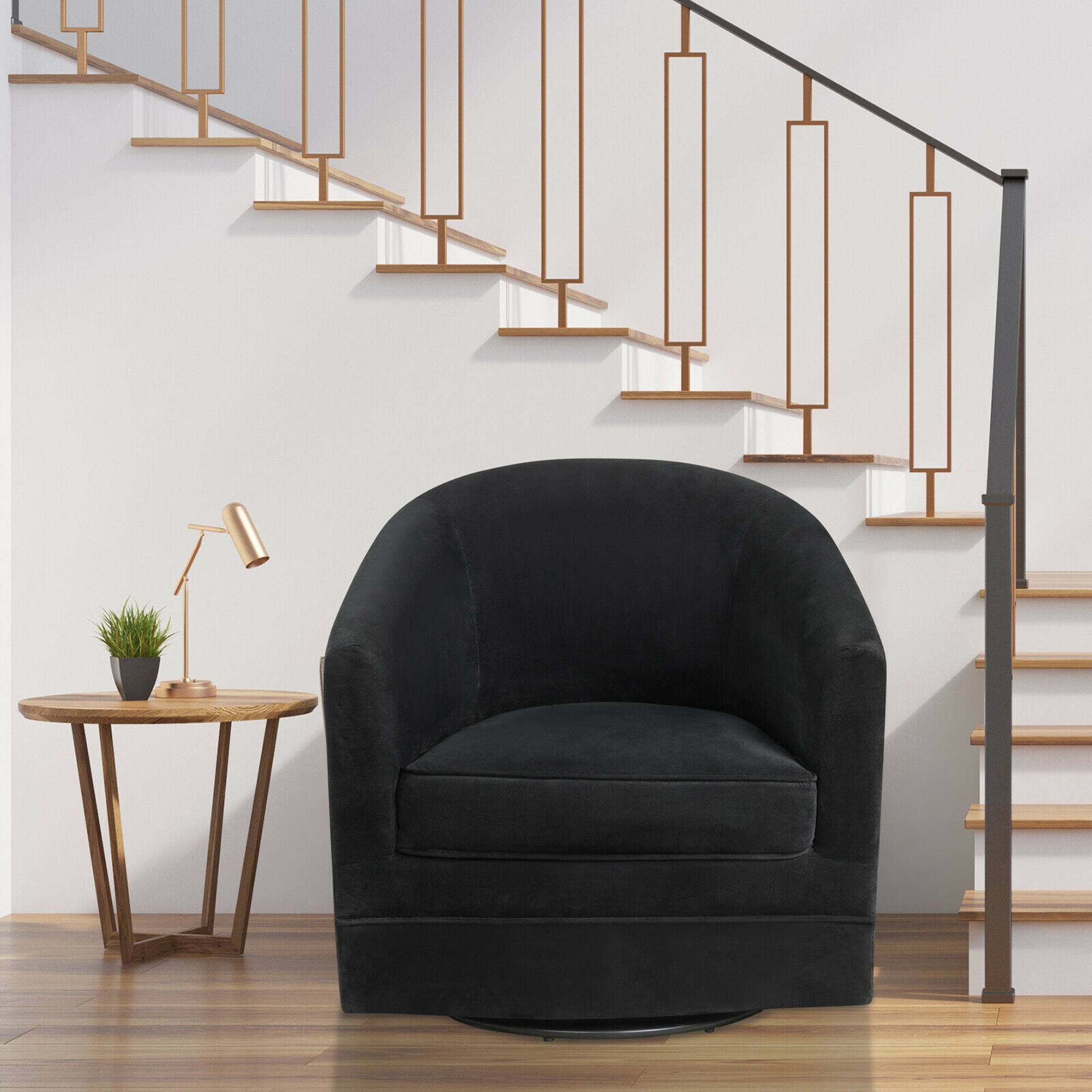 Left. Costway - Modern Swivel Barrel Upholstered Velvet Armchair with Metal Base - Black.