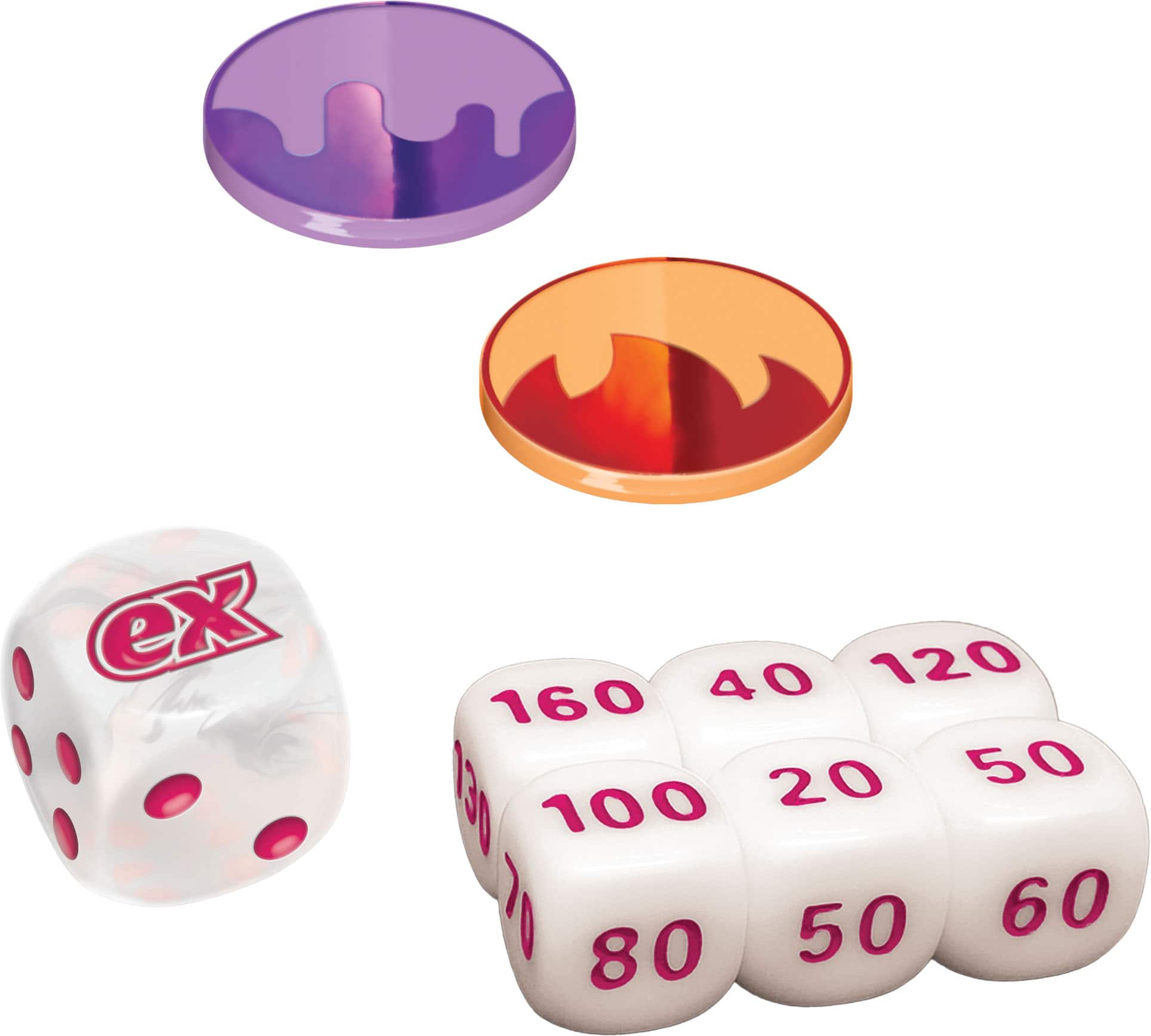 The image features a collection of white dice with numbers on them, along with some other objects. The dice are arranged in a group, and the numbers on them range from 10 to 130. The other objects in the image include a d20, a d12, and a d6. The d20 is located on the left side of the image, while the d12 is in the middle, and the d6 is on the right side. The arrangement of the dice and the presence of the d20, d12, and d6 suggest that this image may be related to a game or a gaming session.