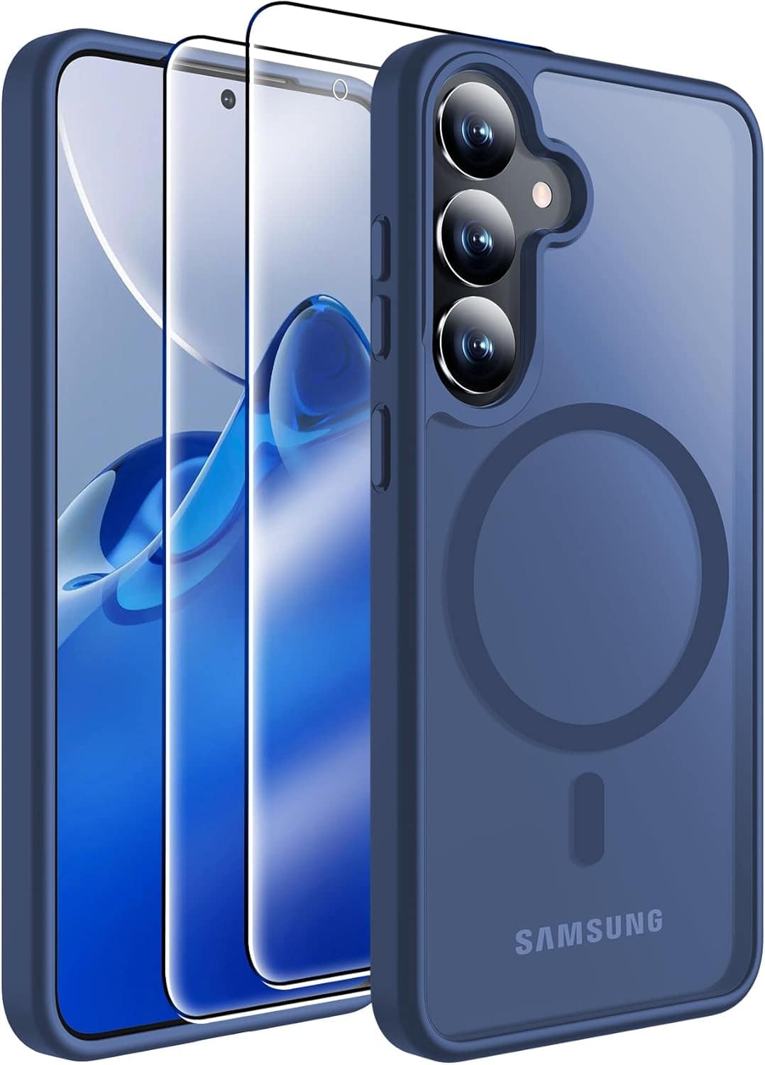 Entronix - Galaxy S25 Bundle: Magnetic Matte Case and 2 Clear Screen Protectors - Navy Blue