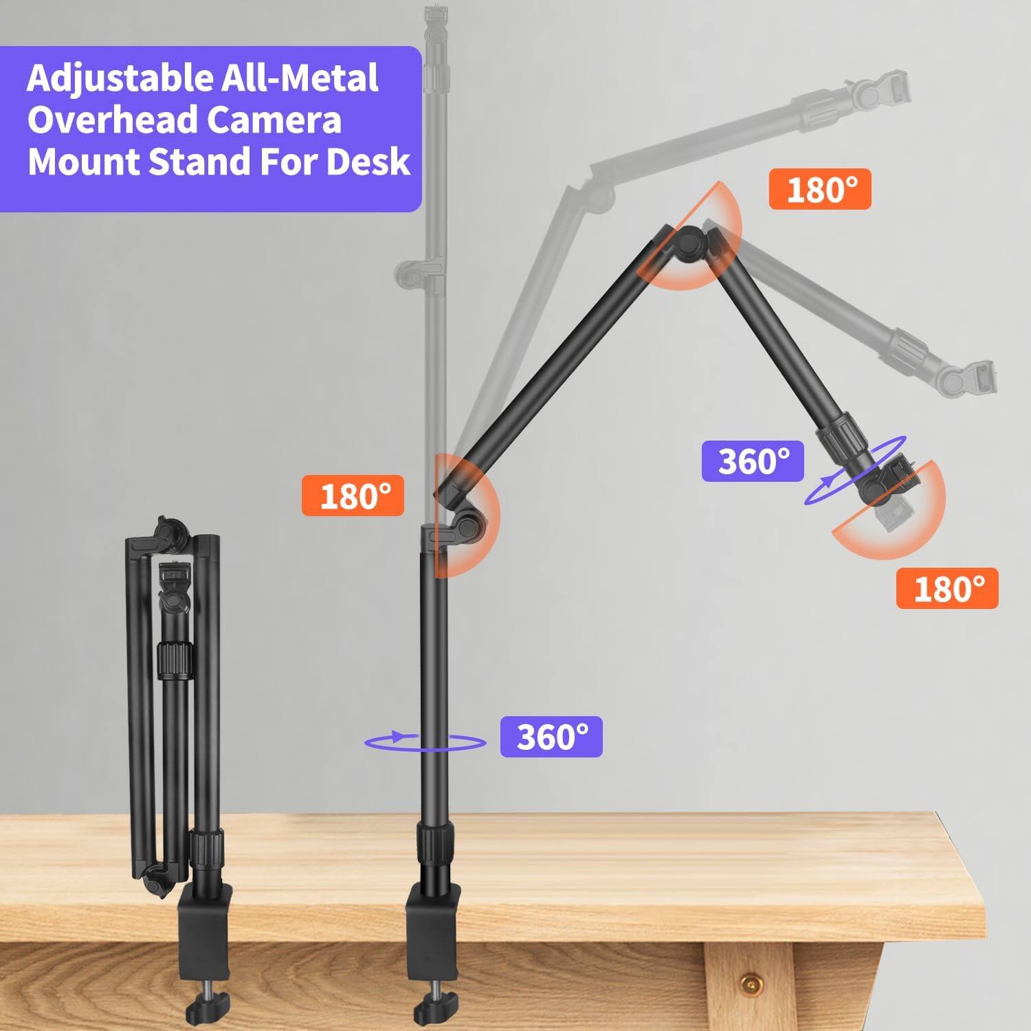 Adjustable All-Metal Overhead Camera Mount Stand For Desk

180°
360°
180°
360°
180°