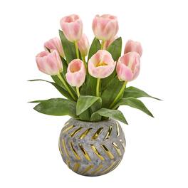 BreeBe - 15" Tulip Artificial Arrangement in Decorative Vase - Pink
