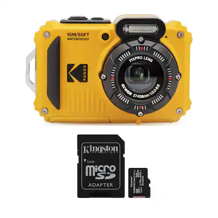The image features a yellow Kodak Pixpro camera with a Kingston Micro SD adapter. The camera is waterproof and has a 4x wide lens, making it suitable for various outdoor activities. The adapter is designed to work with the camera, providing additional storage options for photos and videos. The camera and adapter are placed on a white background, making the image stand out.