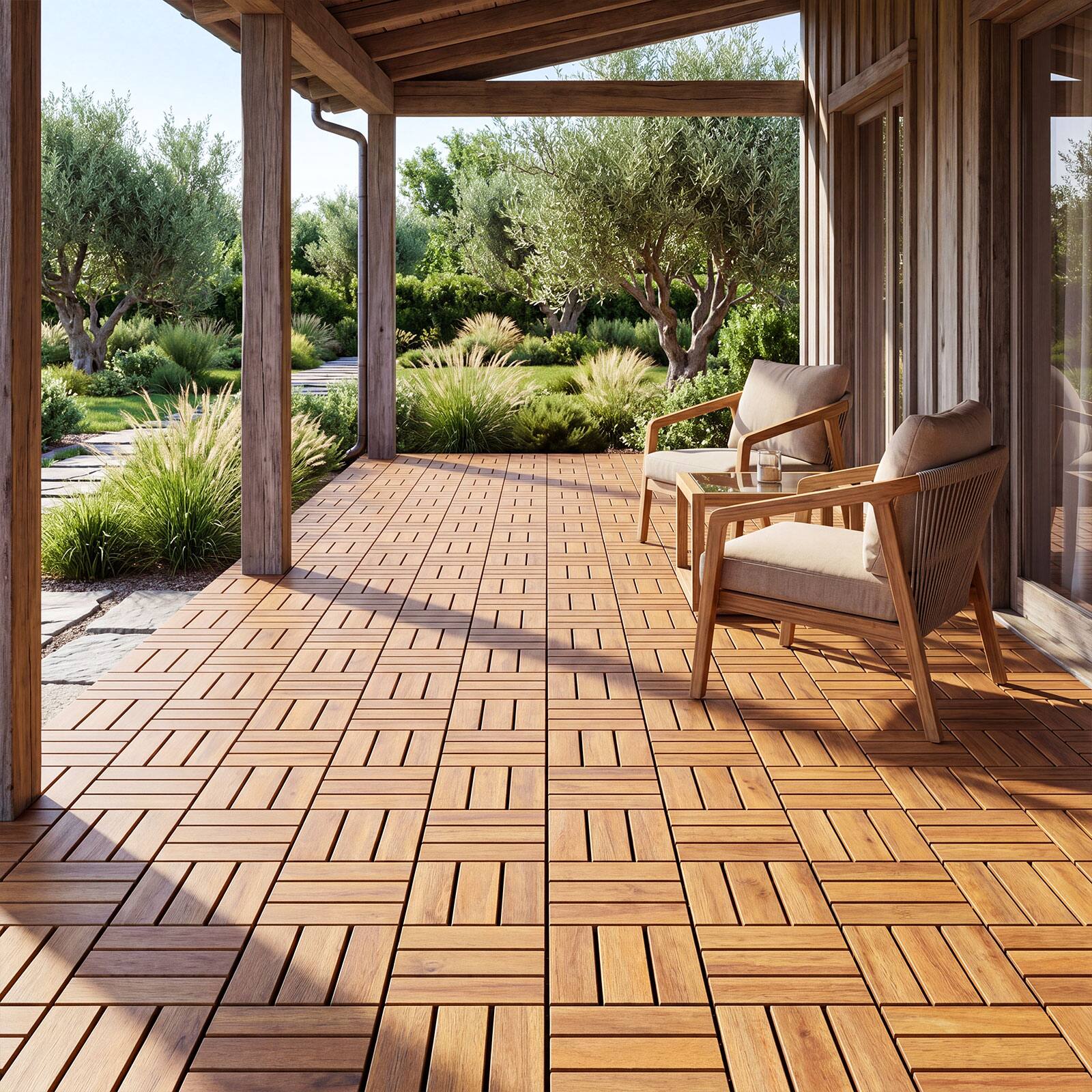 Alt View 1. Costway - Costway 12" x 12" Acacia Wood Interlocking Deck Tiles, 27 PCS Waterproof Flooring Tiles - Natural.