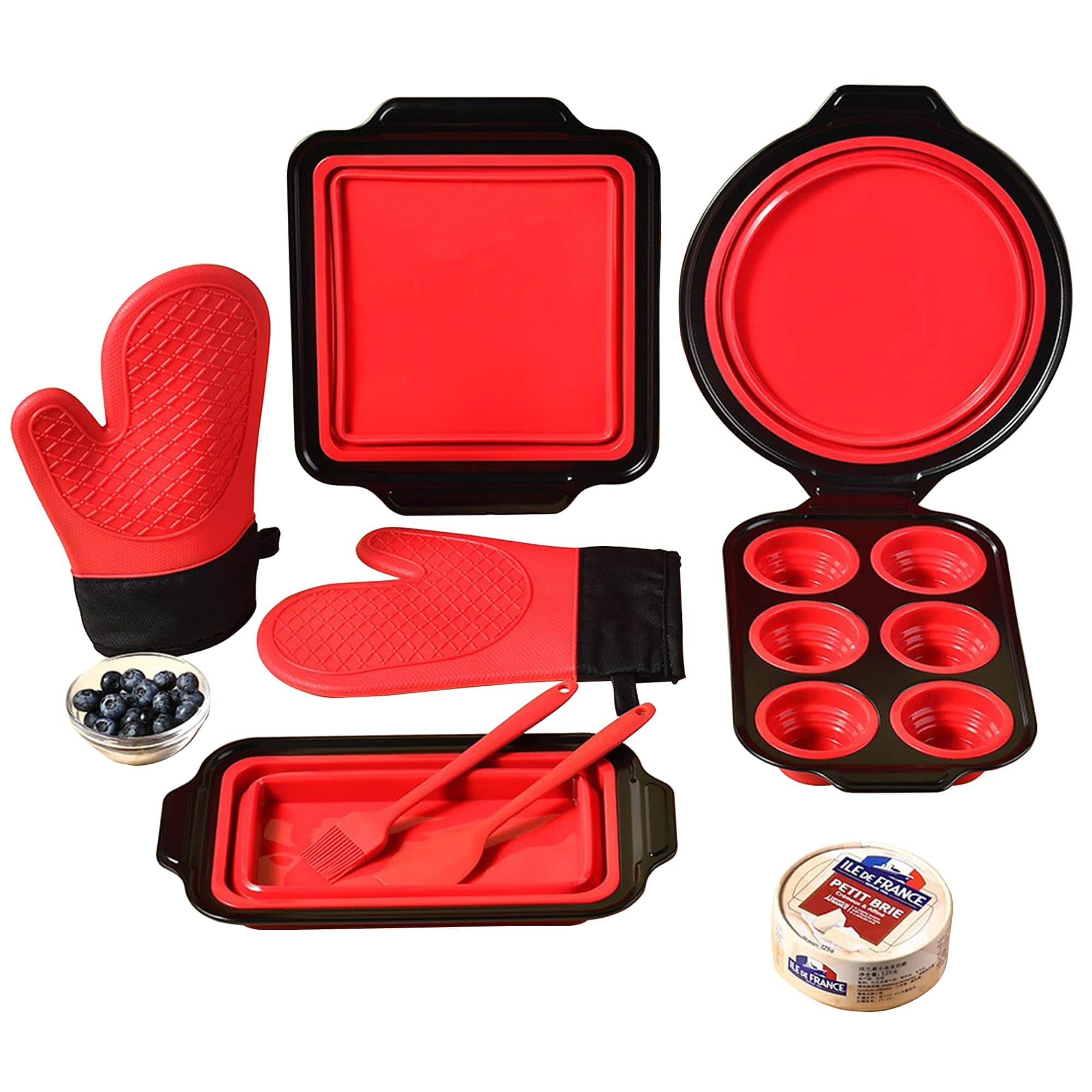 PARKER SLATER - 8 Piece Nonstick Baking Pans Silicone Bakeware Set With Press To Release Design Oven Mitts Spatula & Brush Flexible S...