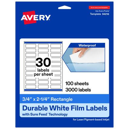 Go to avery.com/templates
Use Avery Presta™ Template 94216
Waterproof
30 labels per sheet
100 sheets
3000 labels
3/4" x 2-1/4" Rectangle
Durable White Film Labels with Sure Feed Technology for Laser/Pigment-based Inkjet