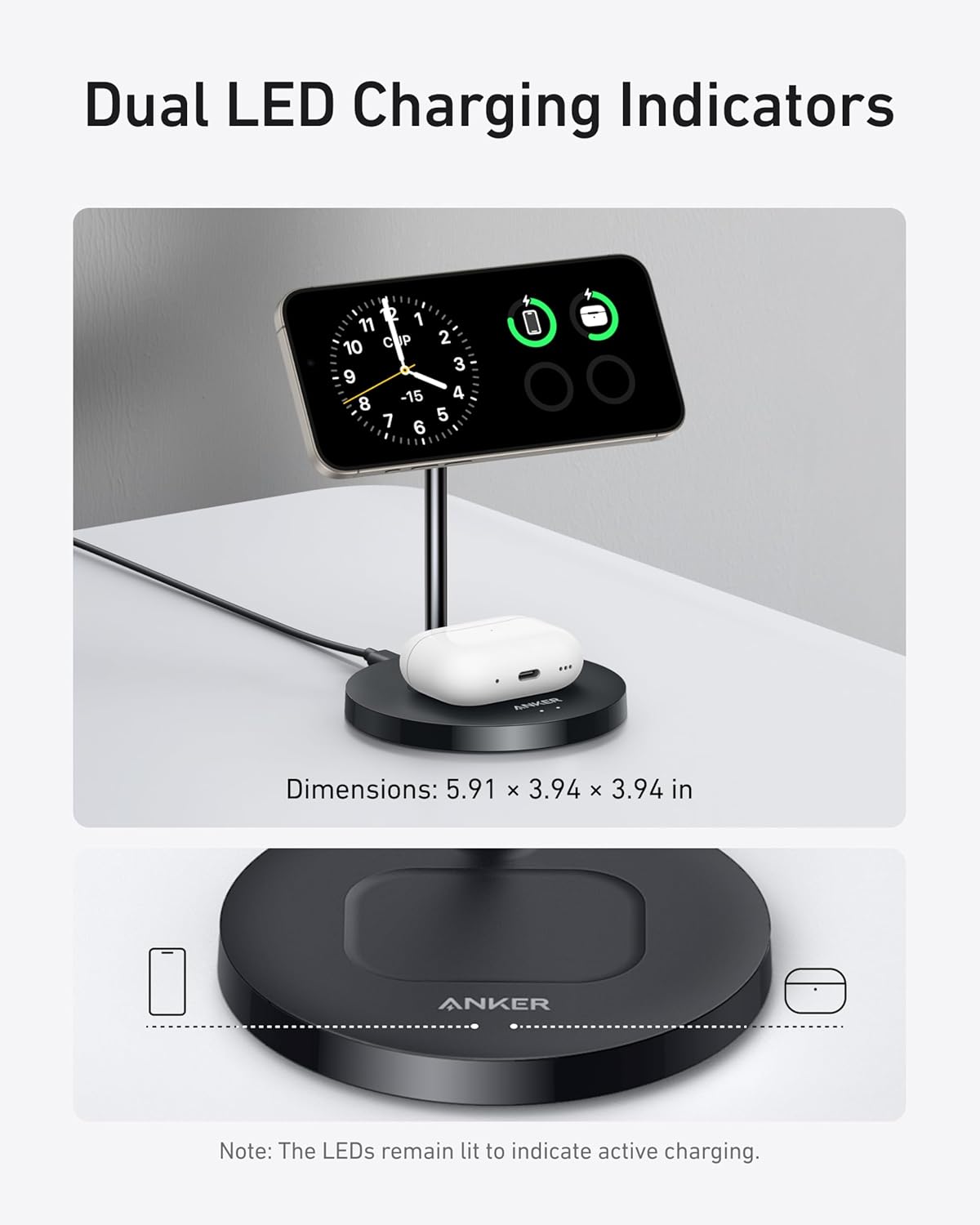 Dual LED Charging Indicators

Dimensions: 5.91 x 3.94 x 3.94 in

Note: The LEDs remain lit to indicate active charging.