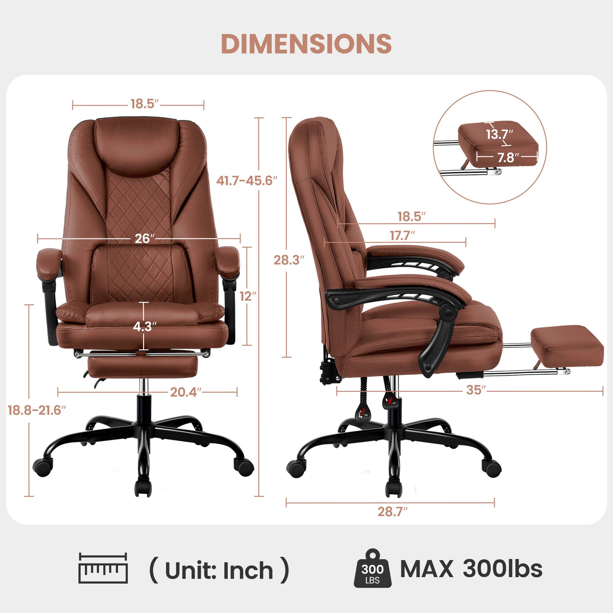 DIMENSIONS

- 18.5"
- 13.7" x 7.8"
- 41.7-45.6"
- 26"
- 18.5"
- 17.7"
- 28.3"
- 12"
- 4.3"
- 18.8-21.6"
- 20.4"
- 35"
- 28.7"

(Unit: Inch)

MAX 300lbs