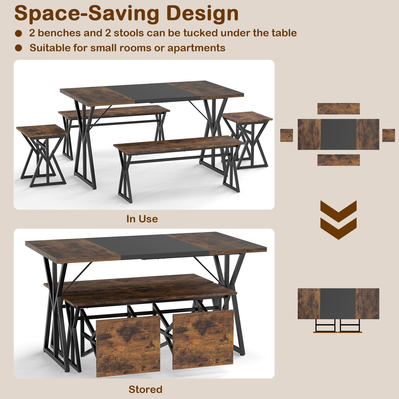 Space-Saving Design  
- 2 benches and 2 stools can be tucked under the table  
- Suitable for small rooms or apartments  

In Use  

Stored