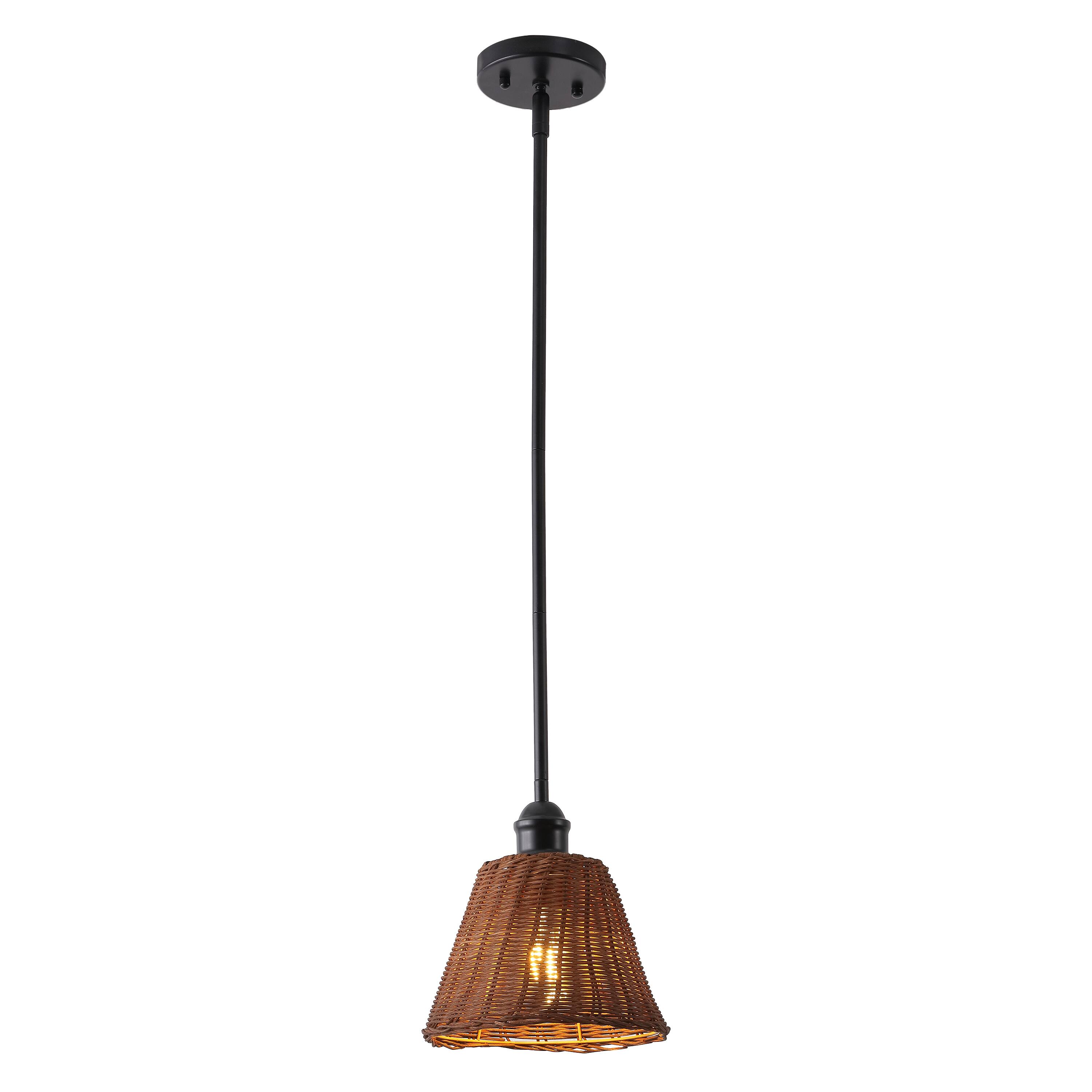 Front. Jonathan Y - Hattie 8.75" Coastal 1-Light Woven Rattan Pendant Light, Black with Dark Brown Empire Shade for Kitchen or Dining Room - Dark Brown.
