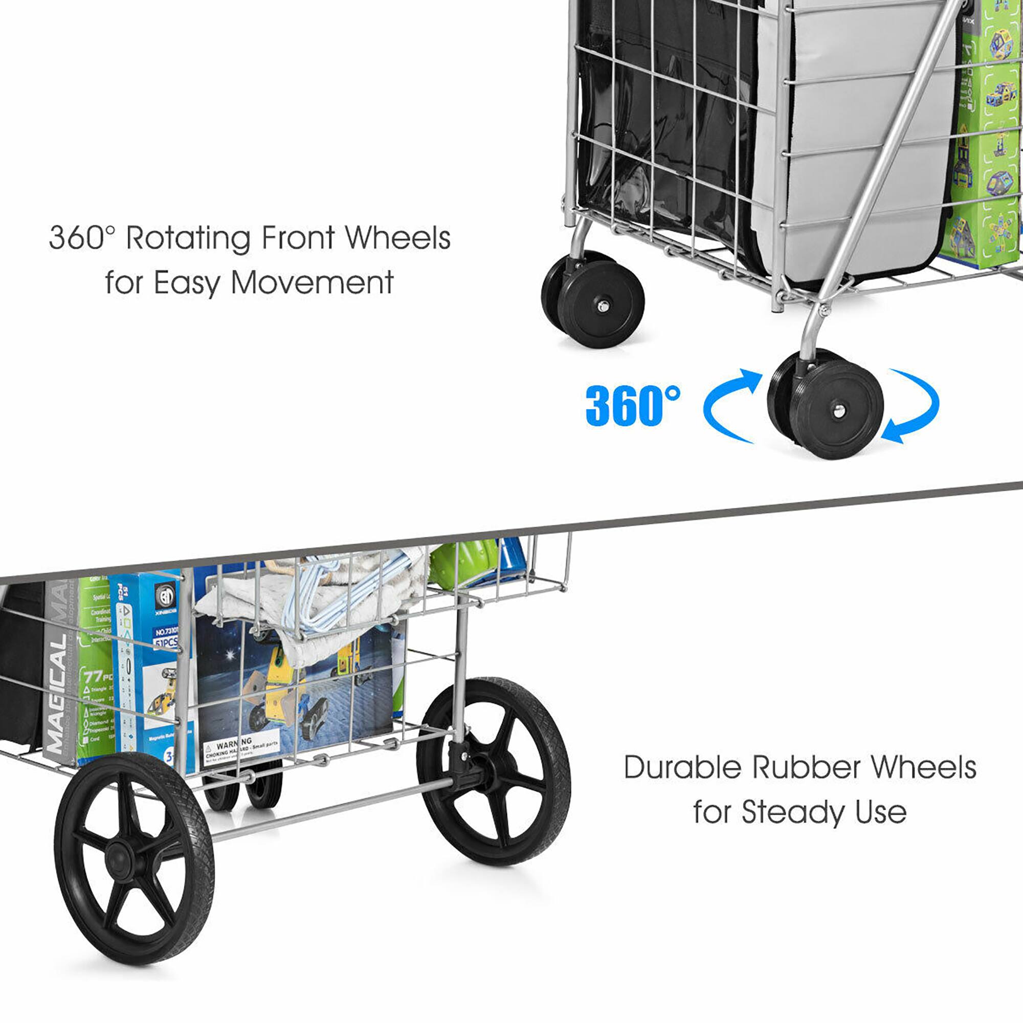 The text on the image is grouped and corrected as follows:
360 Rotating Front Wheels for Easy Movement
360 MA 77 MAGICAL 7a 3 N T 65 3 NARN NO - Durable Rubber Wheels for Steady Use