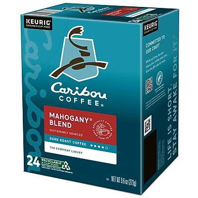 KEURIG  
Caribou Coffee  
MAHOGANY BLEND  
SUSTAINABLY SOURCED  
DARK ROAST COFFEE  
THE EVERYDAY LUXURY  
24 K-CUPS  
RECYCLABLE  
NET WT 9.6 OZ (273g)  

COMMITTED TO OUR CRAFT  
STAY AWAKE FOR LIFE