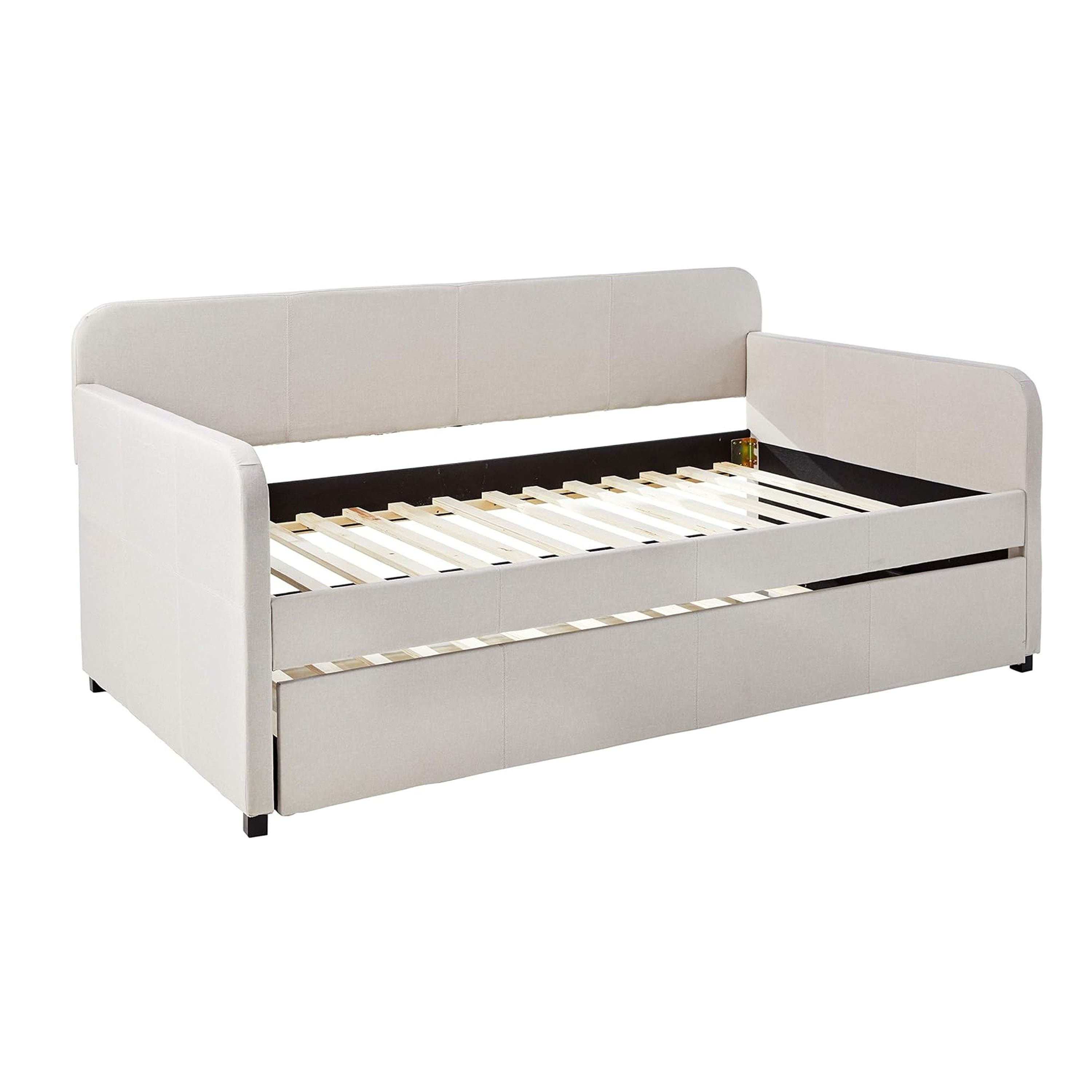 Manhattan Lane - Fabric Upholstered Wooden Day Bed with Trundle and Panel Back, Beige - Beige