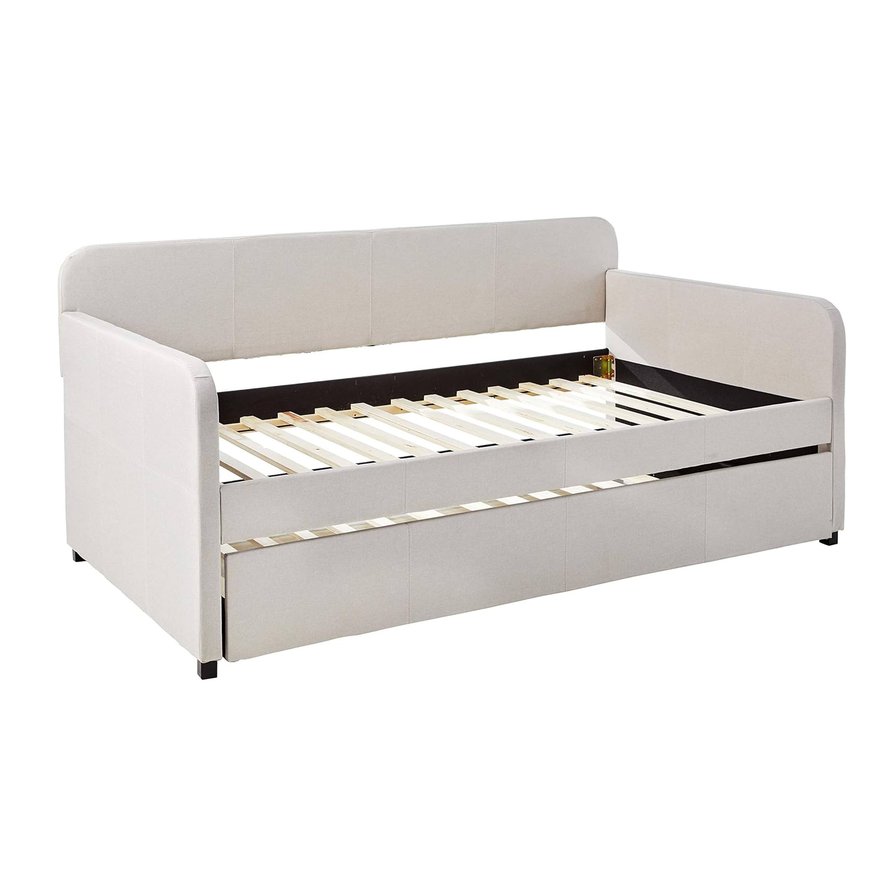 Front. Manhattan Lane - Fabric Upholstered Wooden Day Bed with Trundle and Panel Back, Beige - Beige.