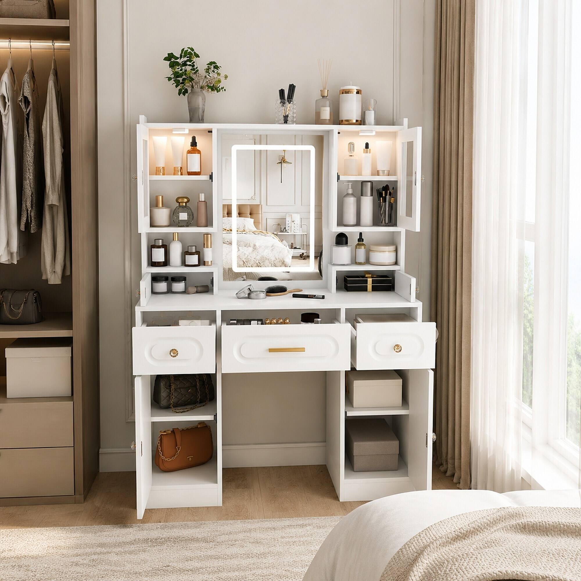 RYHNUYNE Large Vanity Table Set, Makeup Dressing Desk with Mirror, 3 ...