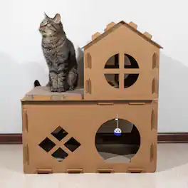 PetMaker - Cat House Cardboard Cat House with Scratching Pads, Toys, and Catnip Multi-Level Cat Houses for Indoor Cats or Kittens