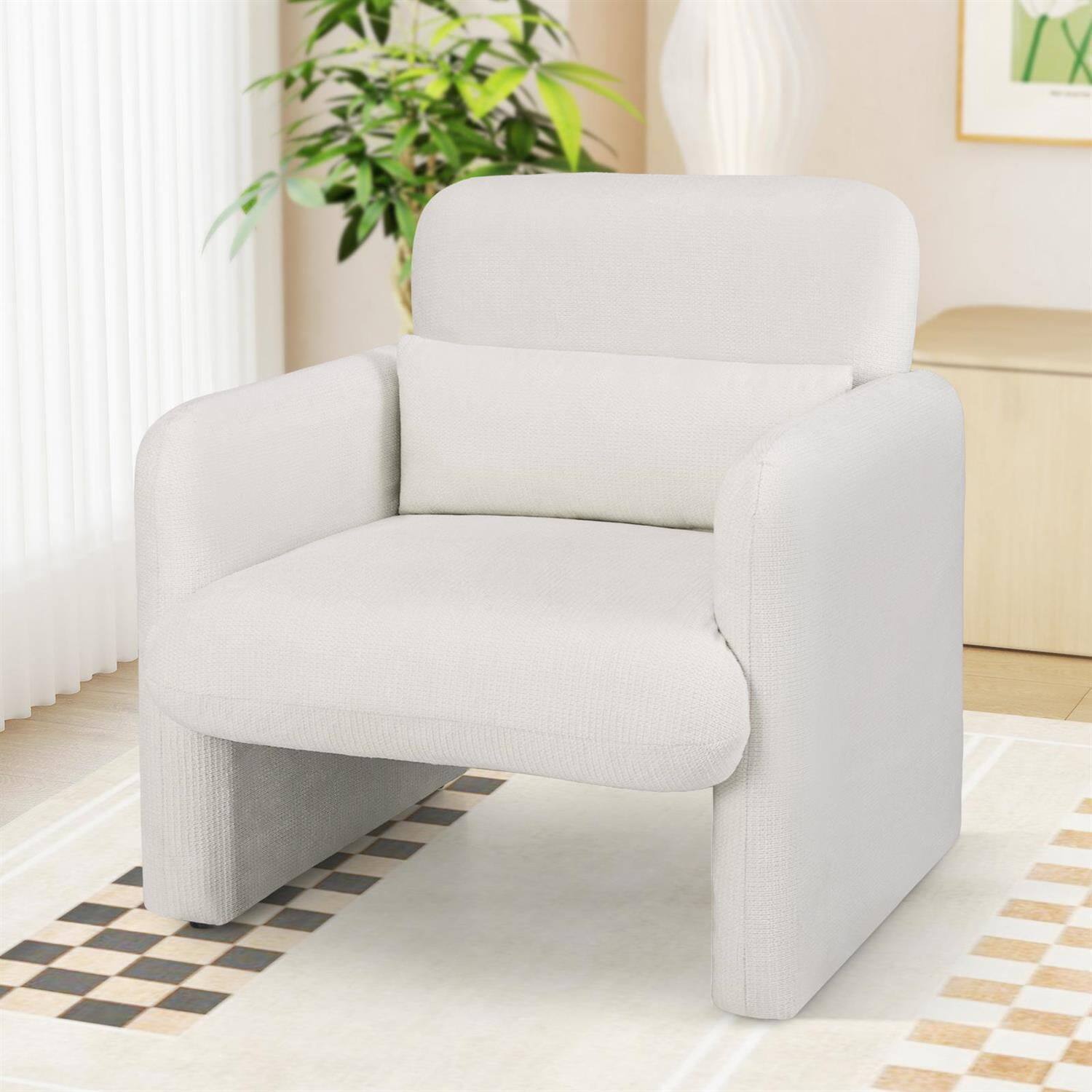 Alt View 3. Pefilos - Chenille Modern Accent Chair, Removable Lumbar Pillow, Wide High Backrest, S-Springs - White.