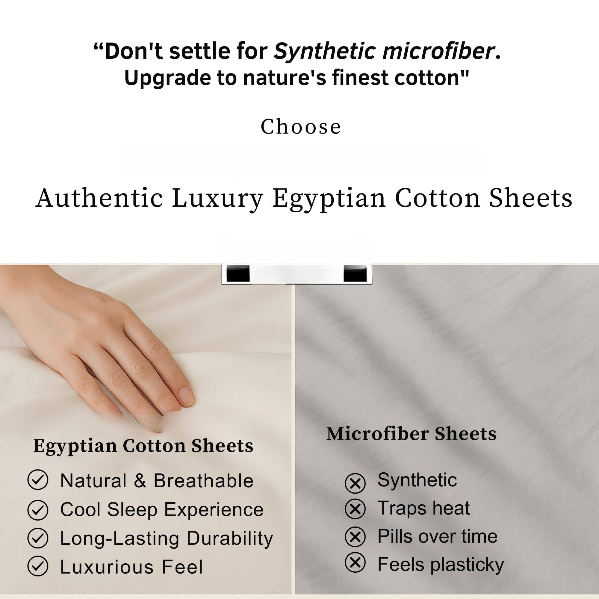 "Don't settle for Synthetic microfiber. Upgrade to nature's finest cotton"

Choose

Authentic Luxury Egyptian Cotton Sheets

Egyptian Cotton Sheets
- Natural & Breathable
- Cool Sleep Experience
- Long-Lasting Durability
- Luxurious Feel

Microfiber Sheets
- Synthetic
- Traps heat
- Pills over time
- Feels plasticky