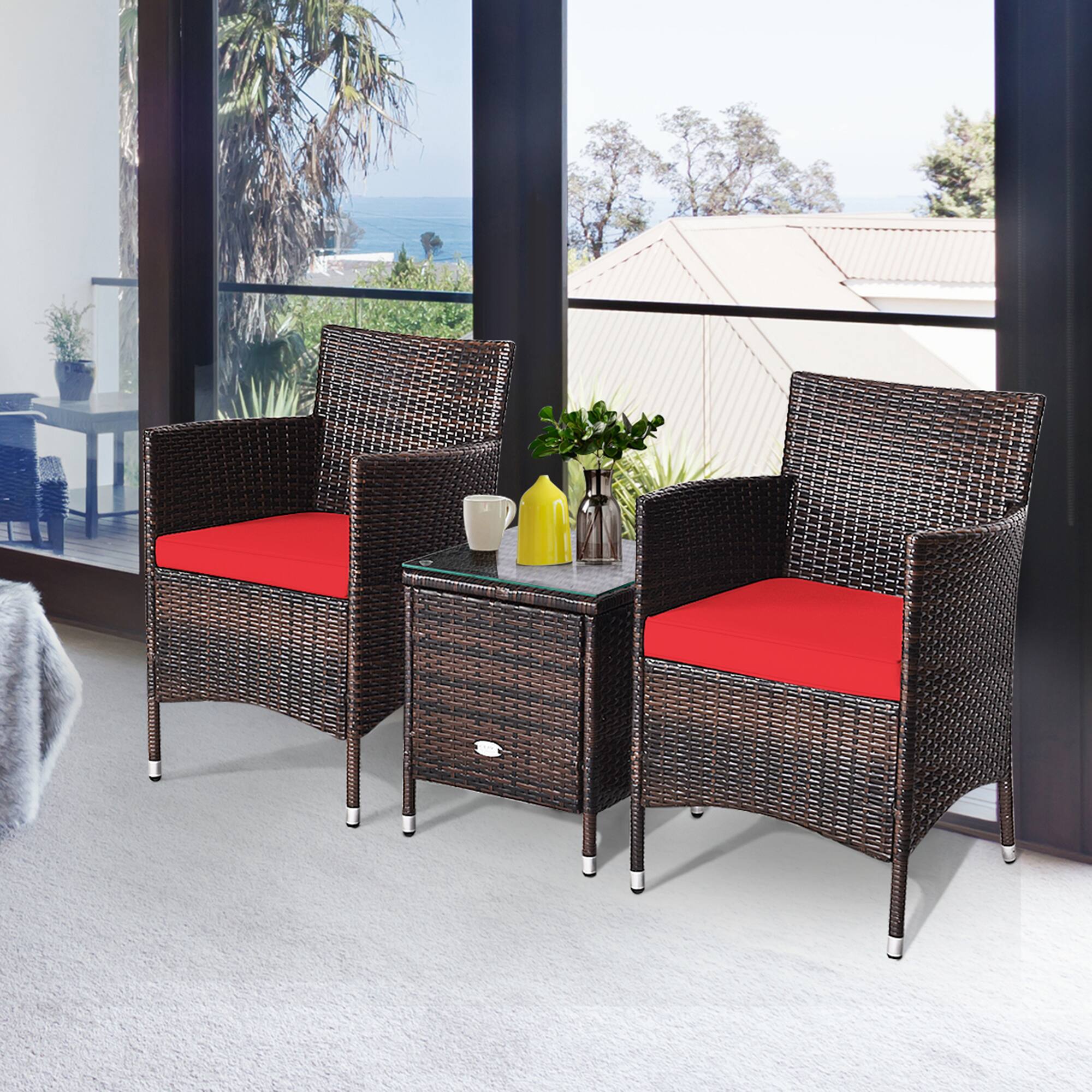 Alt View 4. Gymax - Gymax 3PCS Patio Rattan Chair & Table Furniture Set Outdoor w/ Red Cushion - Red.