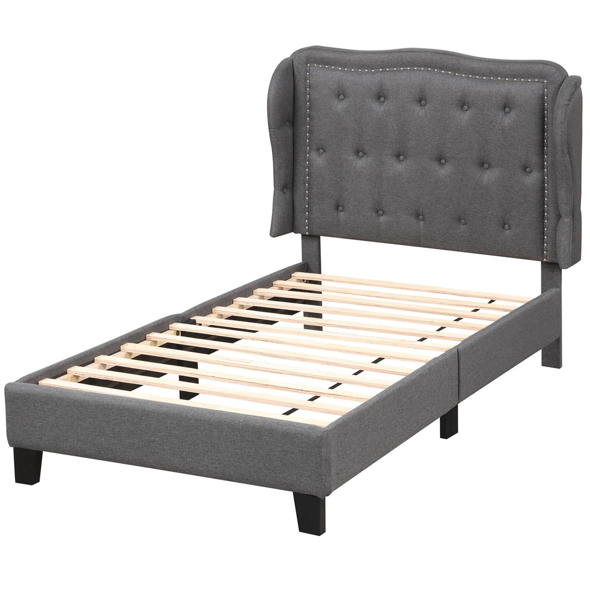 Costway - Twin Size Bed Frame with Button Tufted Wingback Headboard Wooden Slats Support - Gray