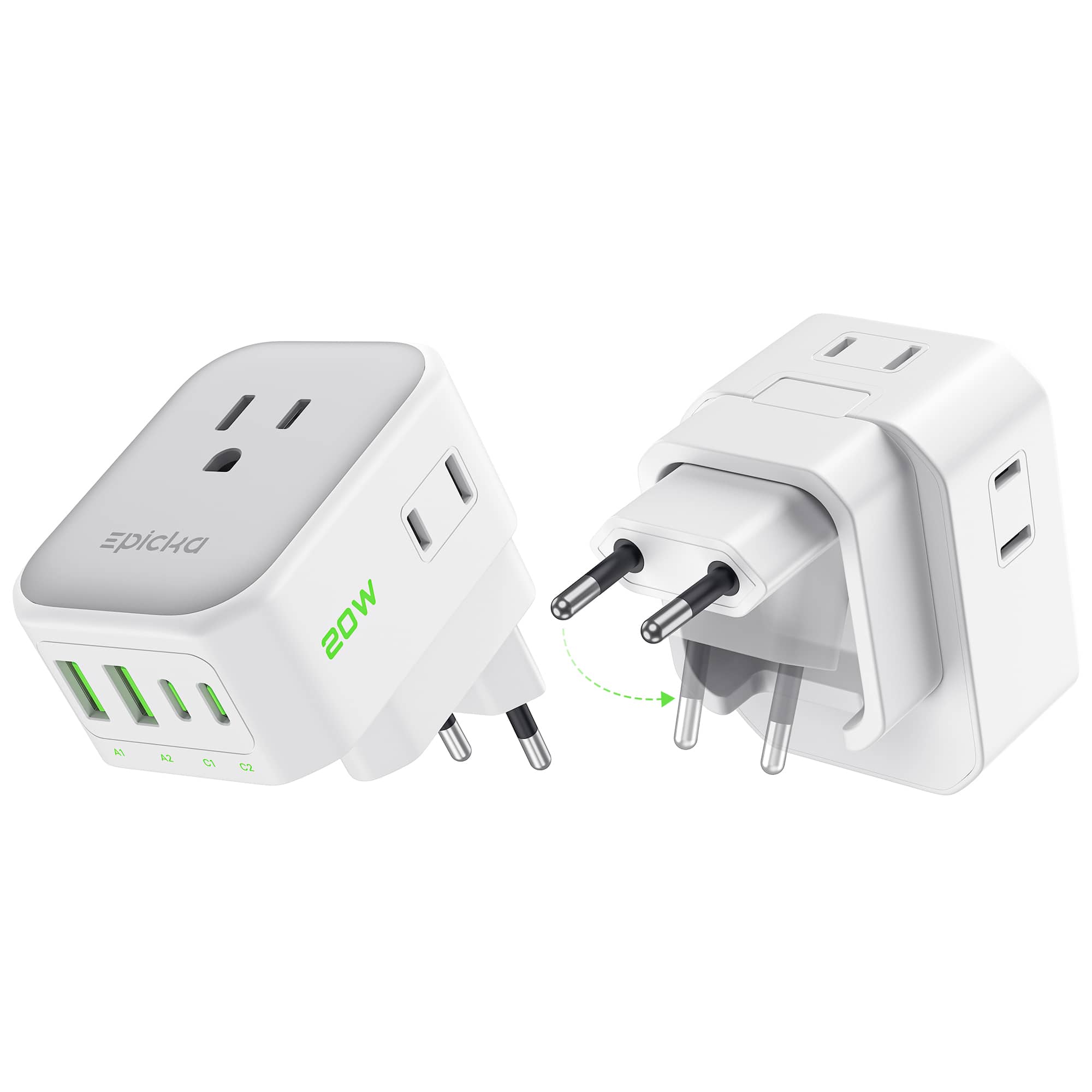 Epicka - Hybrid International Power Adapter for US to Europe, 2packs 8-IN-1 Travel Plug Adapter, Travel Dorm Essentials - White