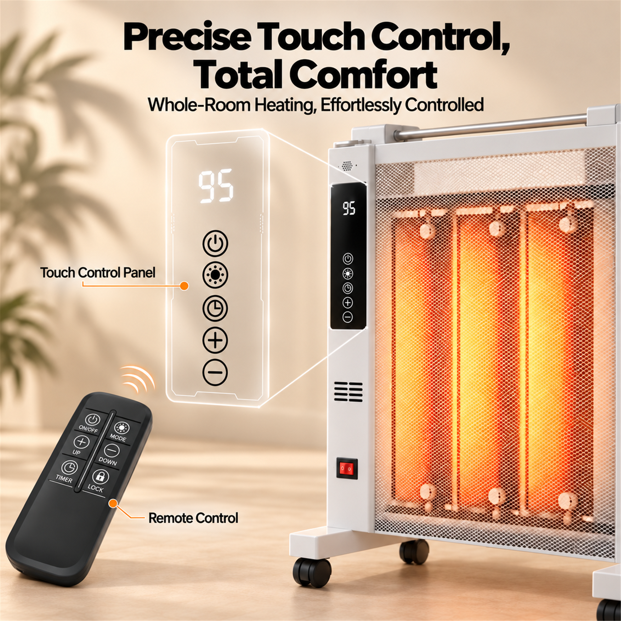 Precise Touch Control, Total Comfort  
Whole-Room Heating, Effortlessly Controlled

Touch Control Panel  
ON/OFF MODE UP DOWN TIMER LOCK

Remote Control