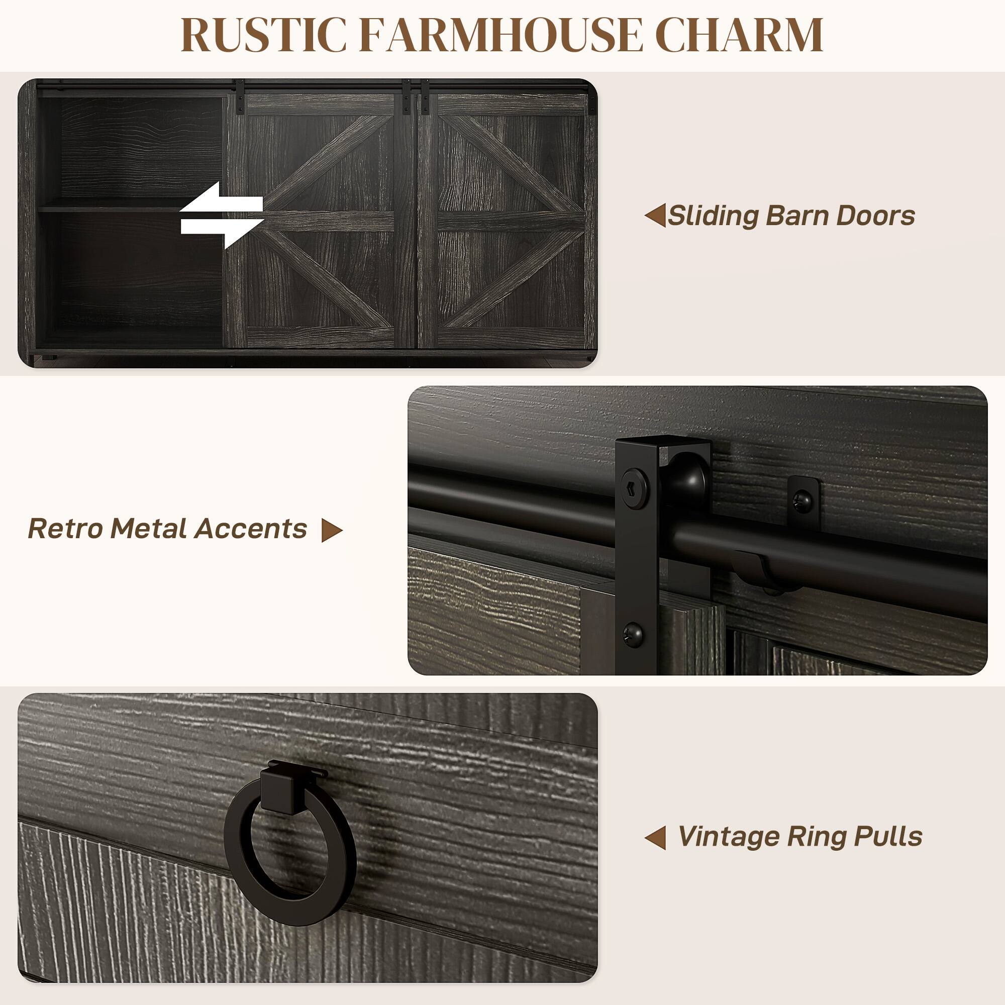RUSTIC FARMHOUSE CHARM
Sliding Barn Doors
Retro Metal Accents
Vintage Ring Pulls