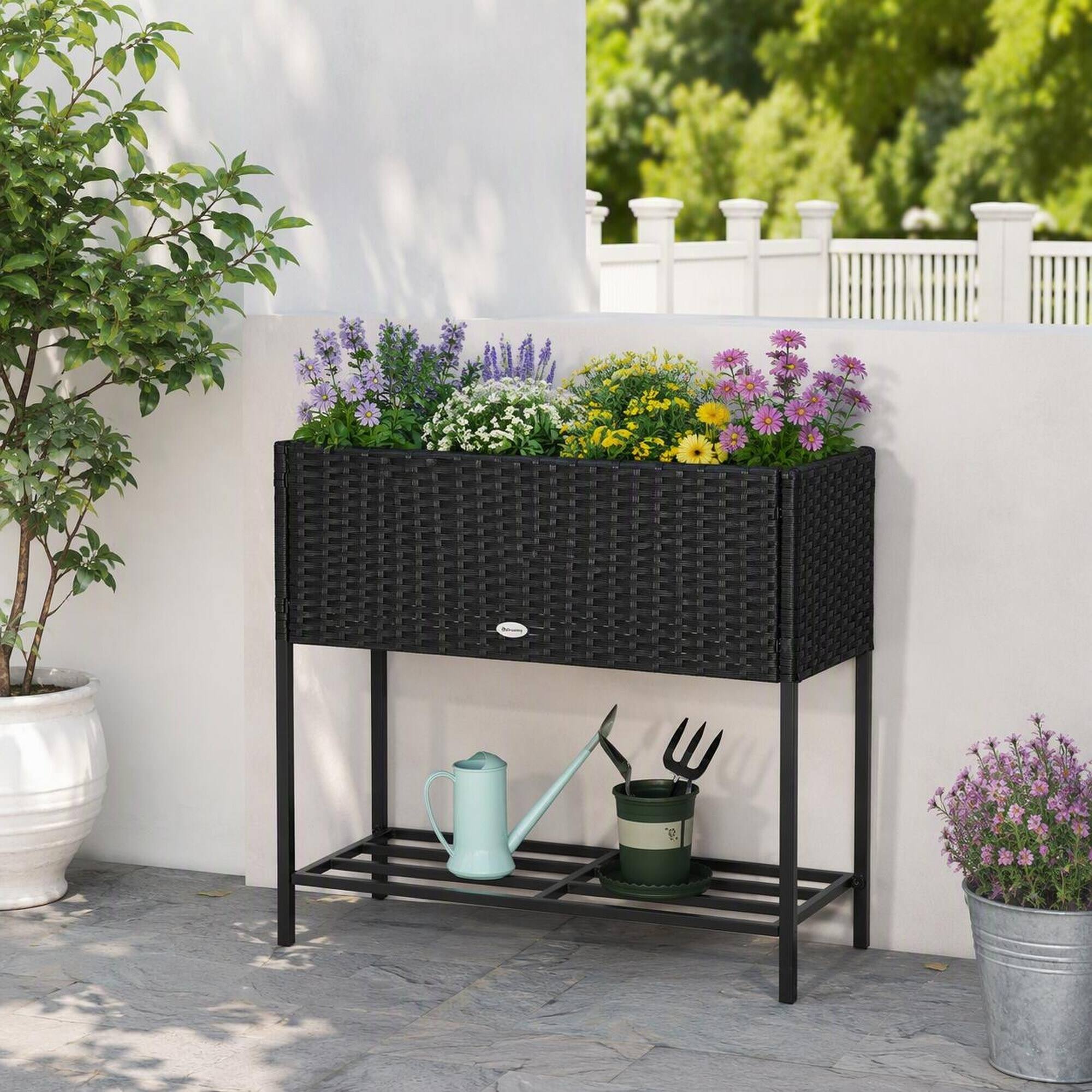 Back. RYHNUYNE - Raised Garden Bed Planter Box with Rattan Look, Steel Frame, Storage Shelf, Portable for Herbs Vegetables Flowers - Black.