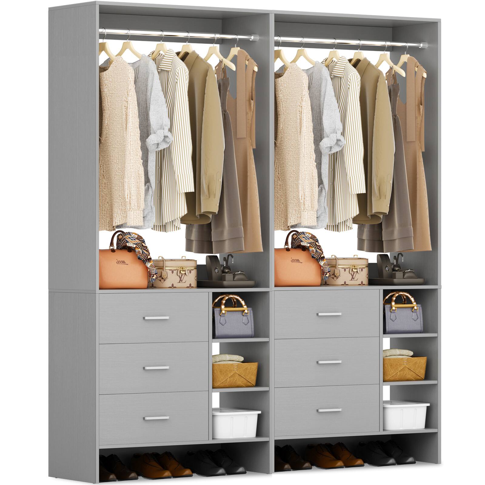 Alt View 2. Aheaplus - 5FT Closet System with 6 Drawers, 59'' Walk-in Closet Organizer with Hanging Rods for Small Space - Gray.