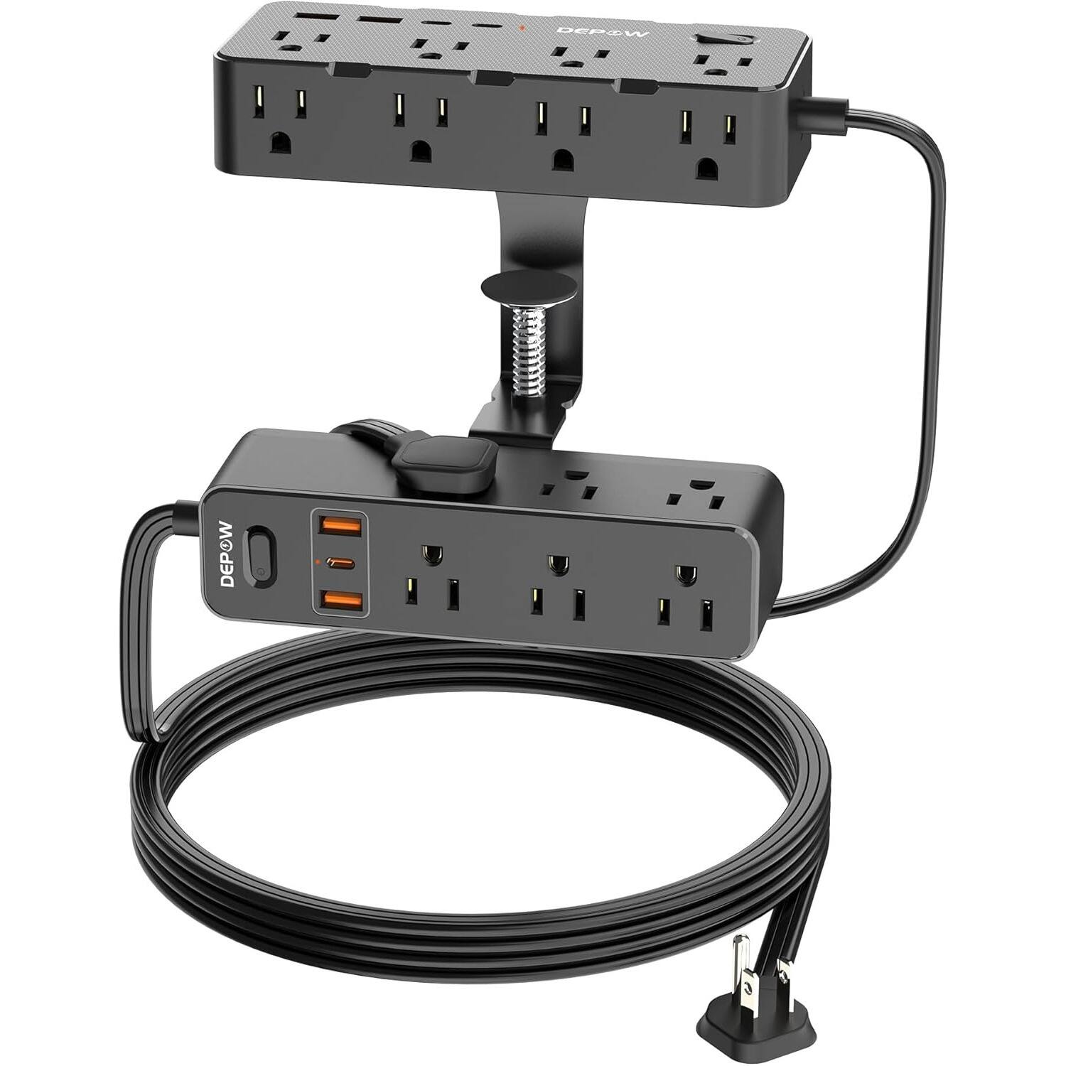 PARKER SLATER - Dual Layer Desk Clamp Power Strip with 17 Outlets, 7 USB (3 USB-C), 1700J Surge Protector, 10FT Cord – - Black