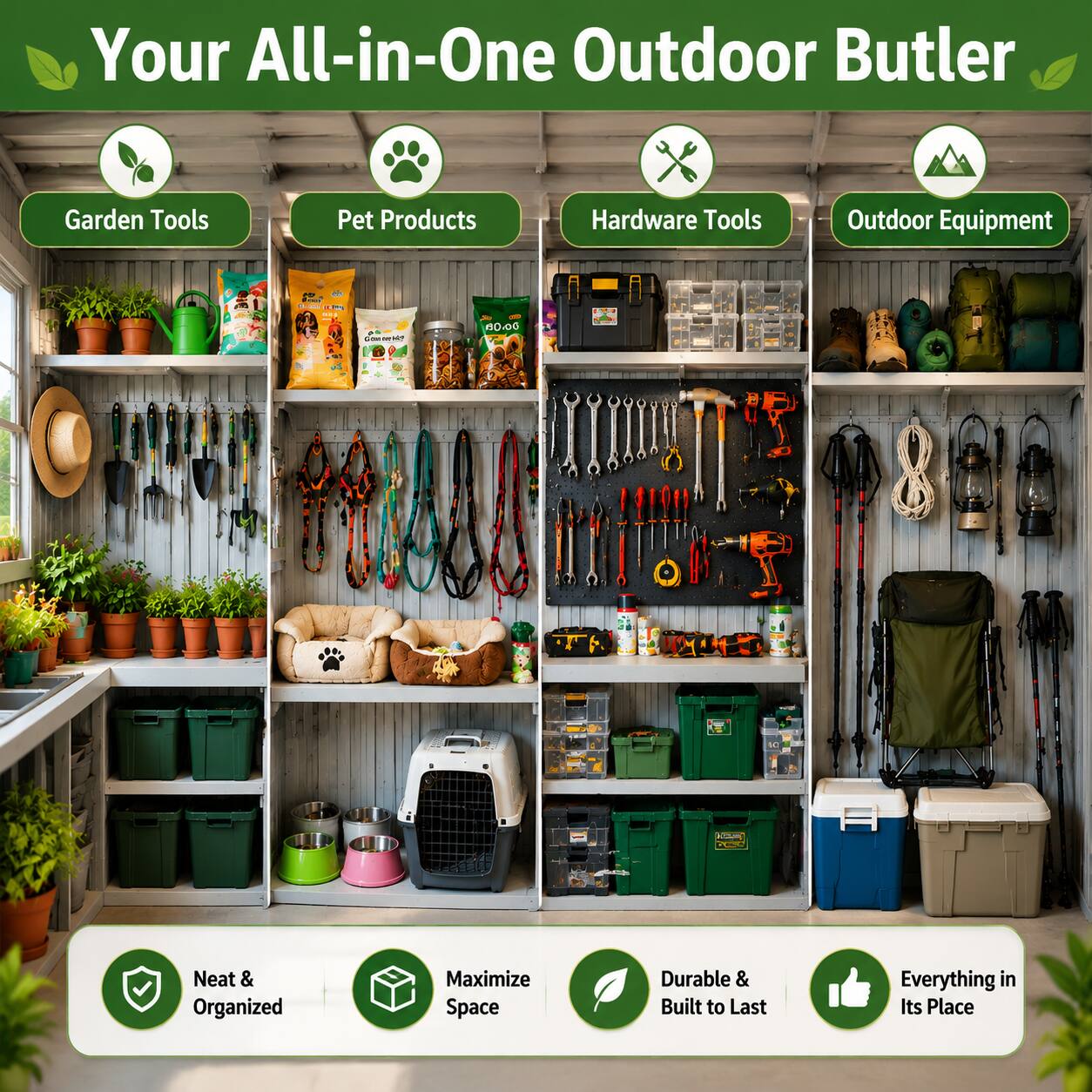 Your All-in-One Outdoor Butler

Garden Tools | Pet Products | Hardware Tools | Outdoor Equipment

Neat & Organized | Maximize Space | Durable & Built to Last | Everything in Its Place