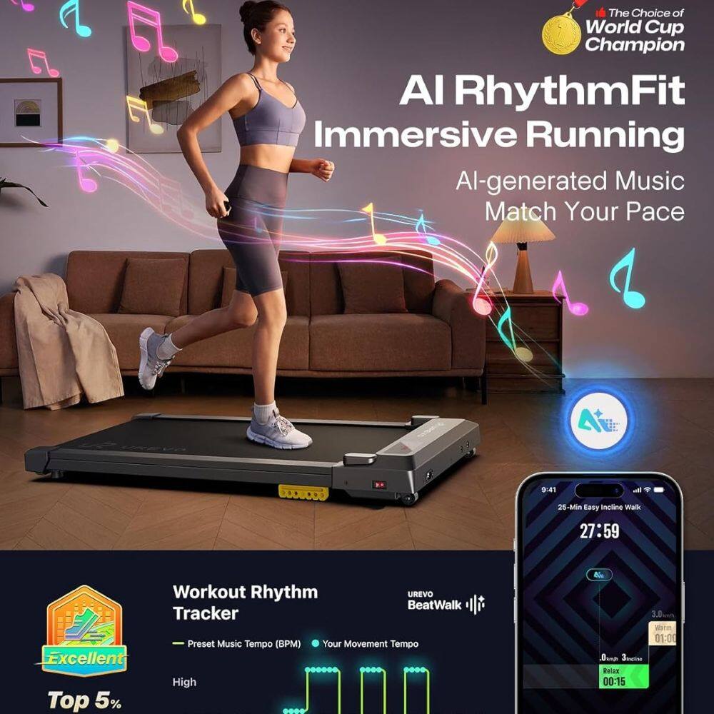 The Choice of World Cup Champion  
AI RhythmFit Immersive Running  
AI-generated Music Match Your Pace  

Workout Rhythm Tracker  
Preset Music Tempo (BPM)  
Your Movement Tempo  

Excellent High Top 5%  

UREVO BeatWalk Tracker Preset Music Tempo (BPM)  

25-Min Easy Incline Walk  
27:59  

Relax 00:15
