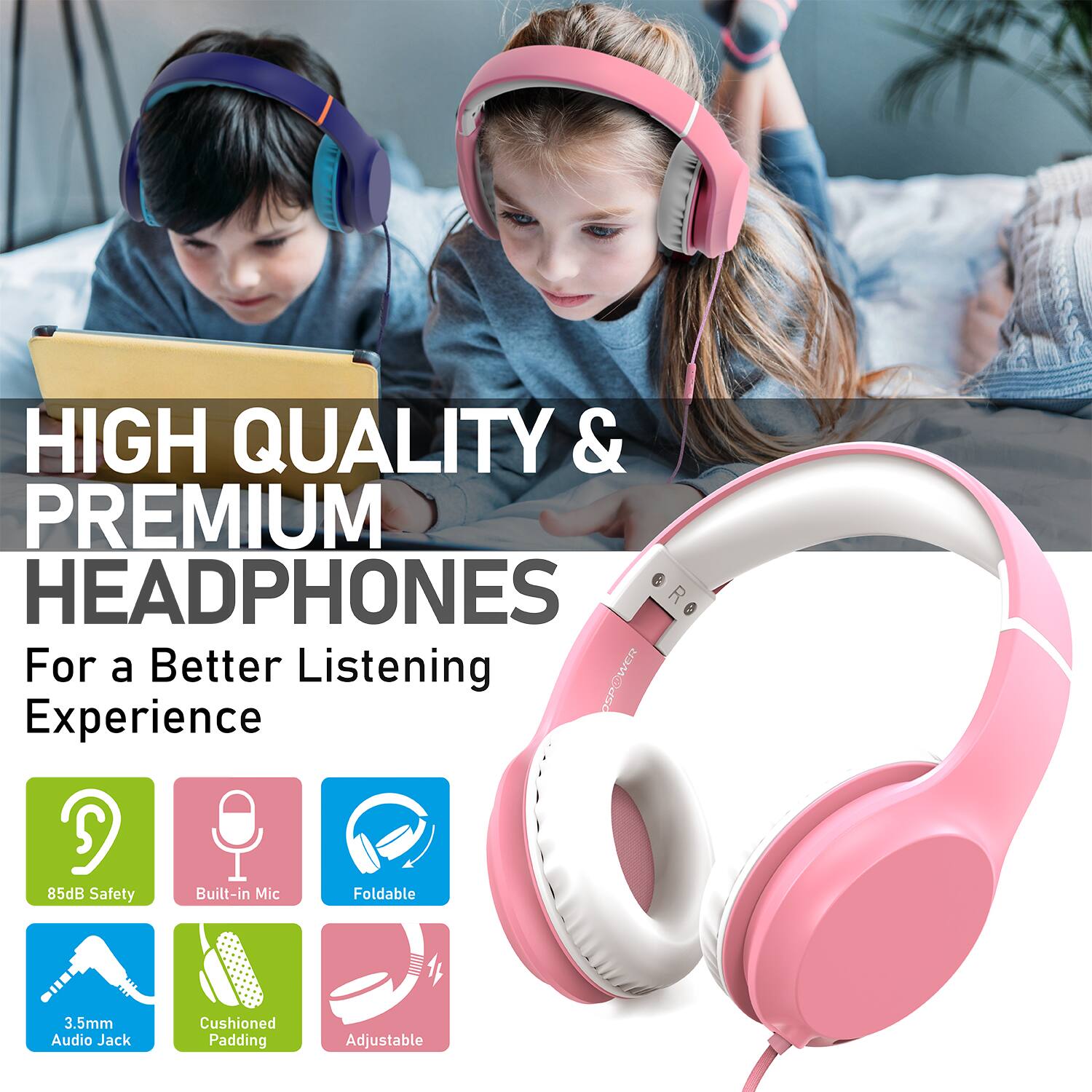HIGH QUALITY & PREMIUM HEADPHONES For a Better Listening Experience 85dB Safety Built-in Mic Foldable 3.5mm Audio Jack Cushioned Padding Adjustable