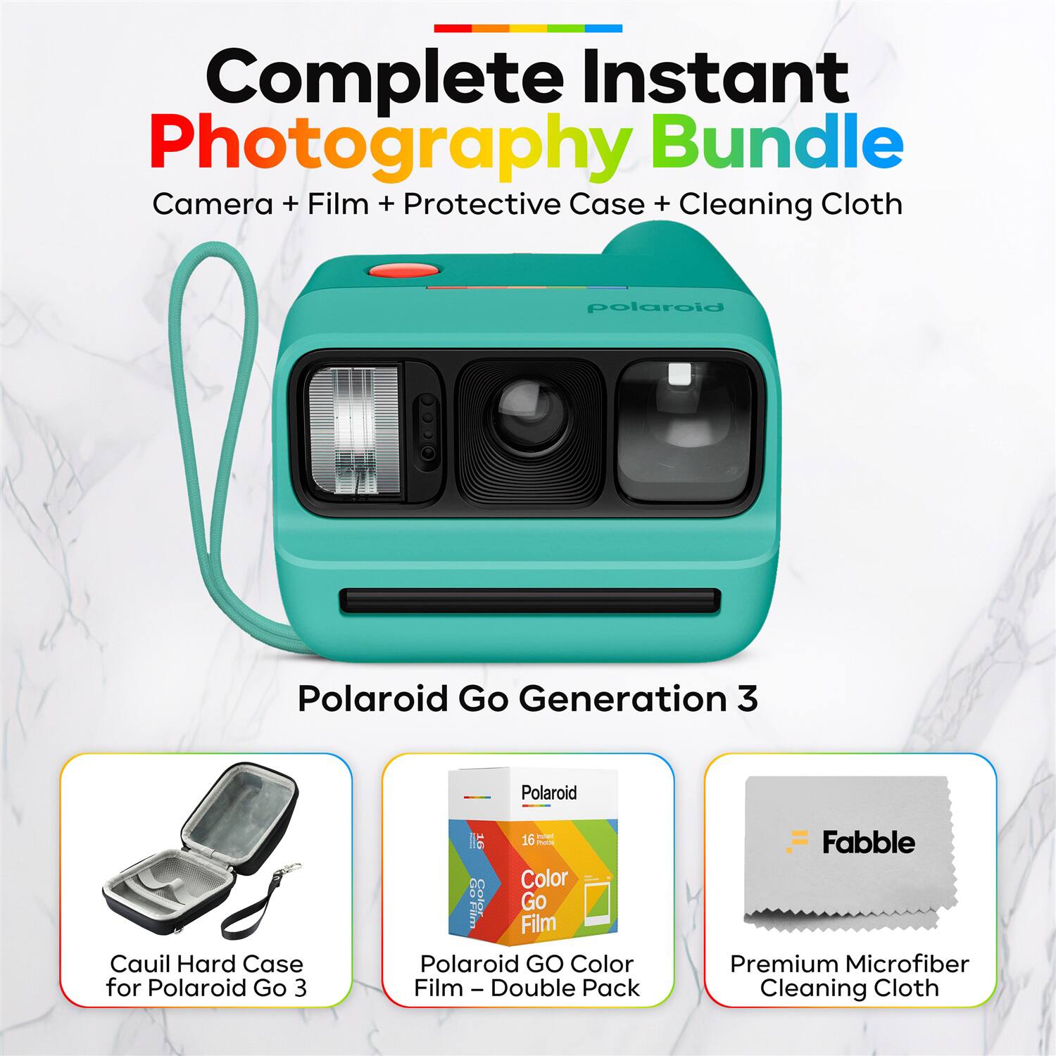 Complete Instant Photography Bundle Camera + Film + Protective Case + Cleaning Cloth

Polaroid Go Generation 3

Cauli Hard Case for Polaroid Go 3

Polaroid GO Color Film - Double Pack

Fabble Premium Microfiber Cleaning Cloth