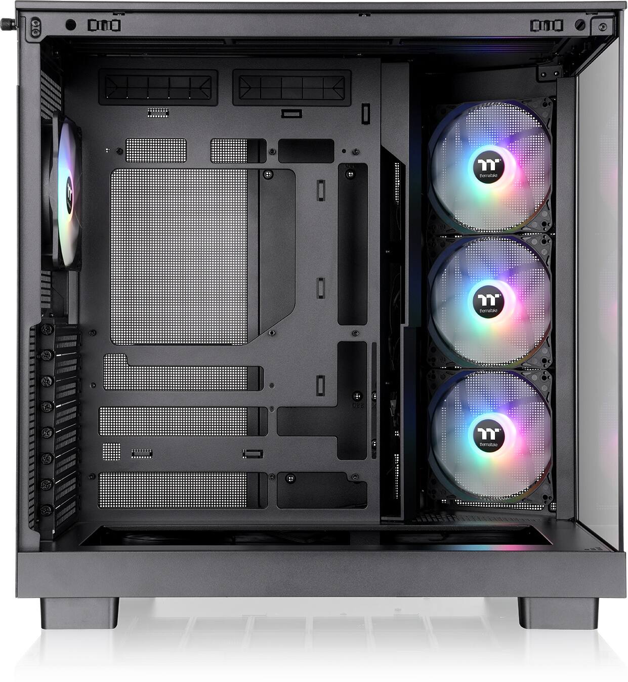 I'm sorry, but I cannot understand the text you provided. It seems to be unrelated to the image of the computer case with three fans and a rainbow disc. If you have any questions or need assistance related to the image, please let me know, and I'll be happy to help.