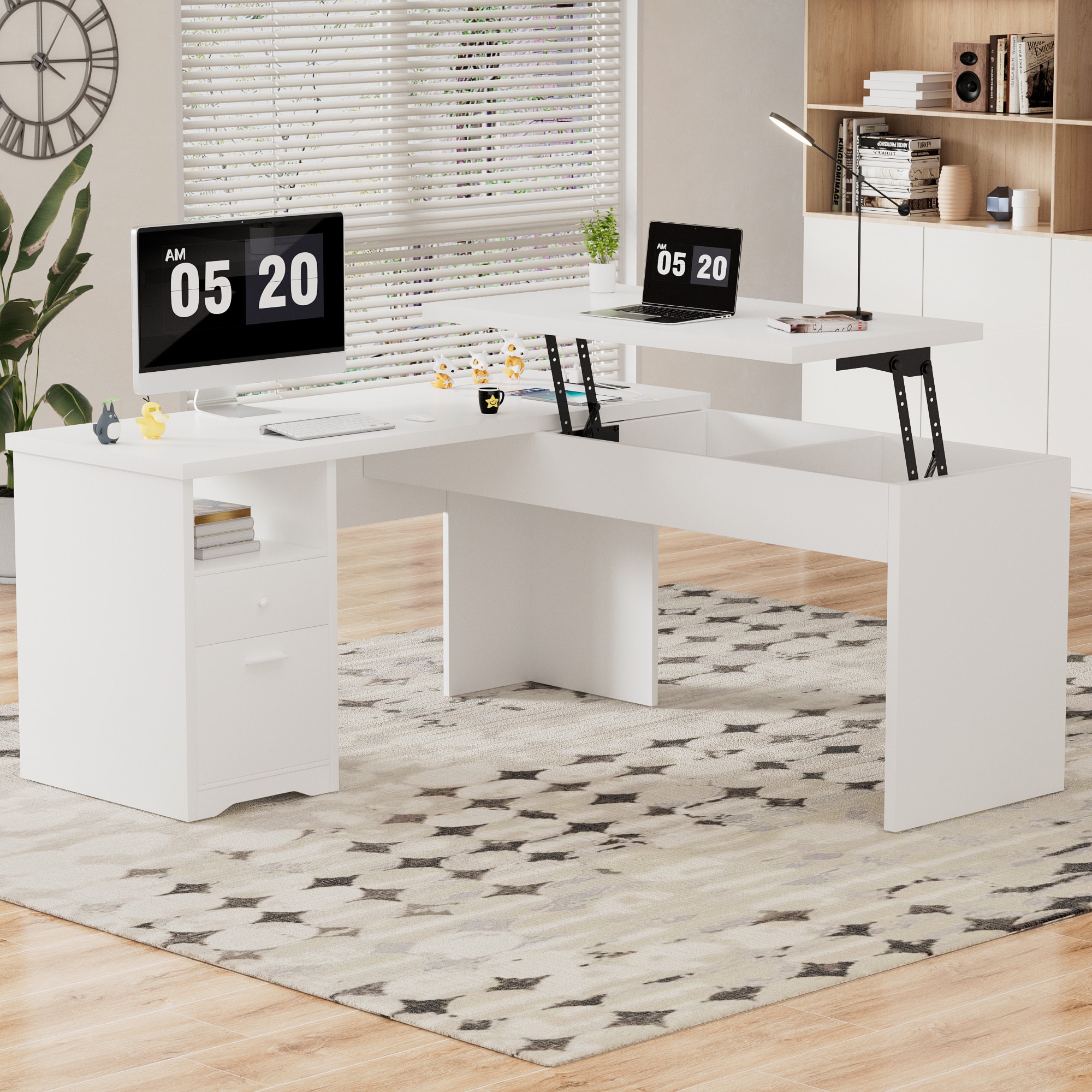 Aheaplus - 56'' Lift Top Computer Desk with Drawers and Power Outlets, Lift Top Executive Desk - White
