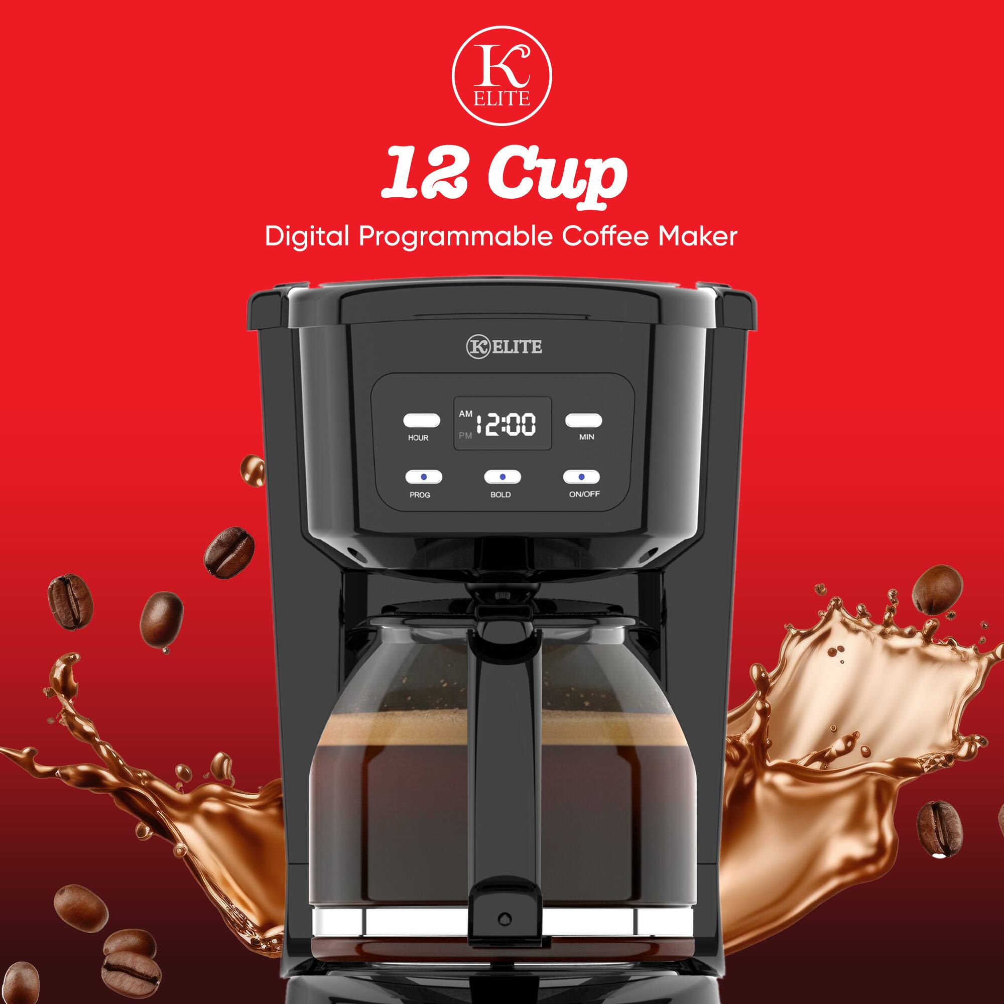 ELITE 12 Cup Digital Programmable Coffee Maker

ELITE

HOUR AM PM 12:00

MIN

PROG

BOLD

ON/OFF