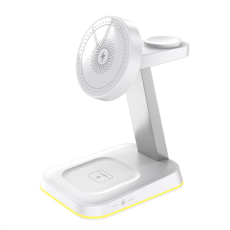 Front. SKRAN - Desktop Vertical MagSafe Phone Stand - 3-in-1 Magnetic Wireless Charger Fast Charging for Phone Earphones, Apple Watch - White.